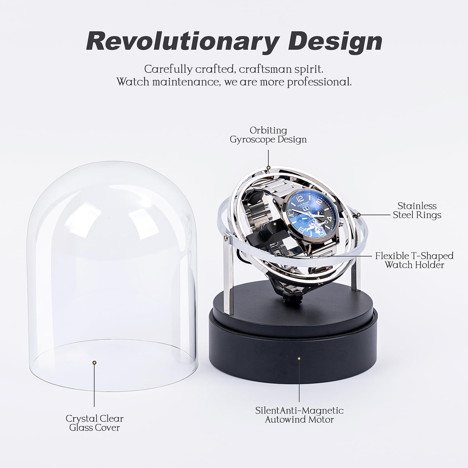 Ultra Leise Uhrenbeweger für Automatikuhren, <15dB Silent Rotation, 4 Modi & 6 Richtungen, für Automatikuhren Rolex/Omega, Anti-Magnetischer Motor mit Glasvitrine (Silber)