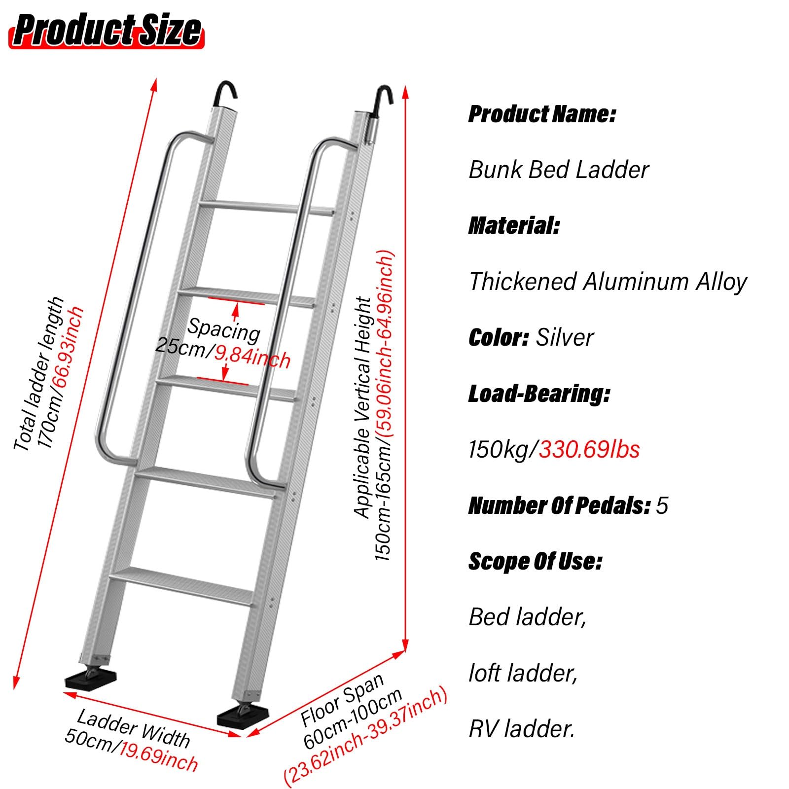 Escalera de litera de aluminio plateado de 5 escalones, resistente con capacidad de 330 libras para caravana, sótano, autocaravana y caravana, diseño recto universal para acceso superior a la litera