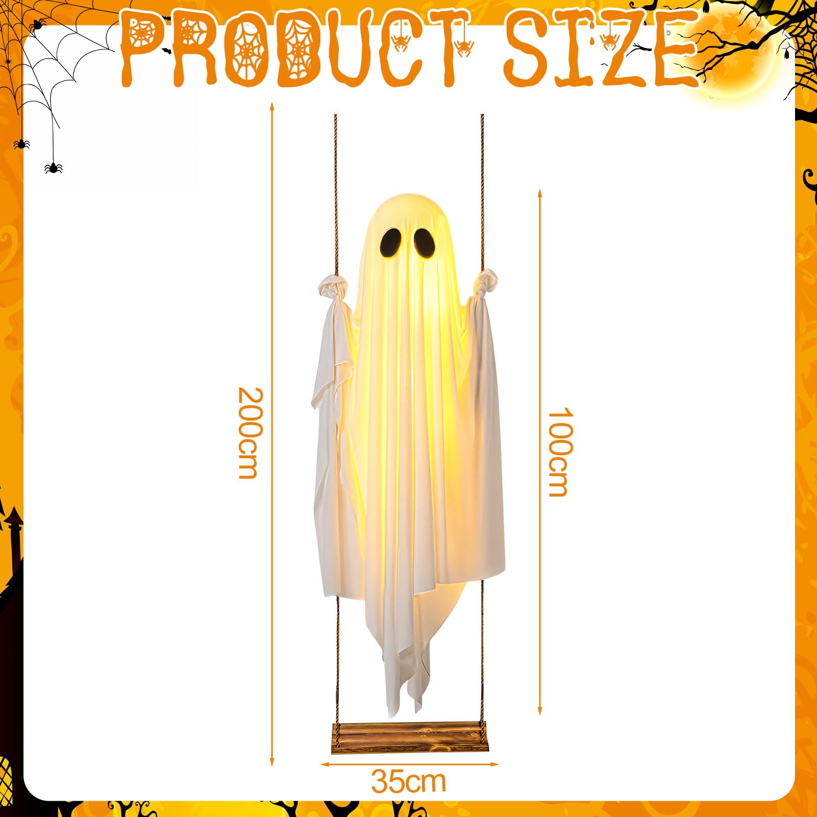 Halloween Deko Geister Hängend, 100CM Geist Deko mit Lichterkette Hängende Schaukel Geister mit Fernbedienung Halloween Deko Outdoor Gespenst mit Led Lichter Gruselige Ghost für Veranda Hof Baum (A)