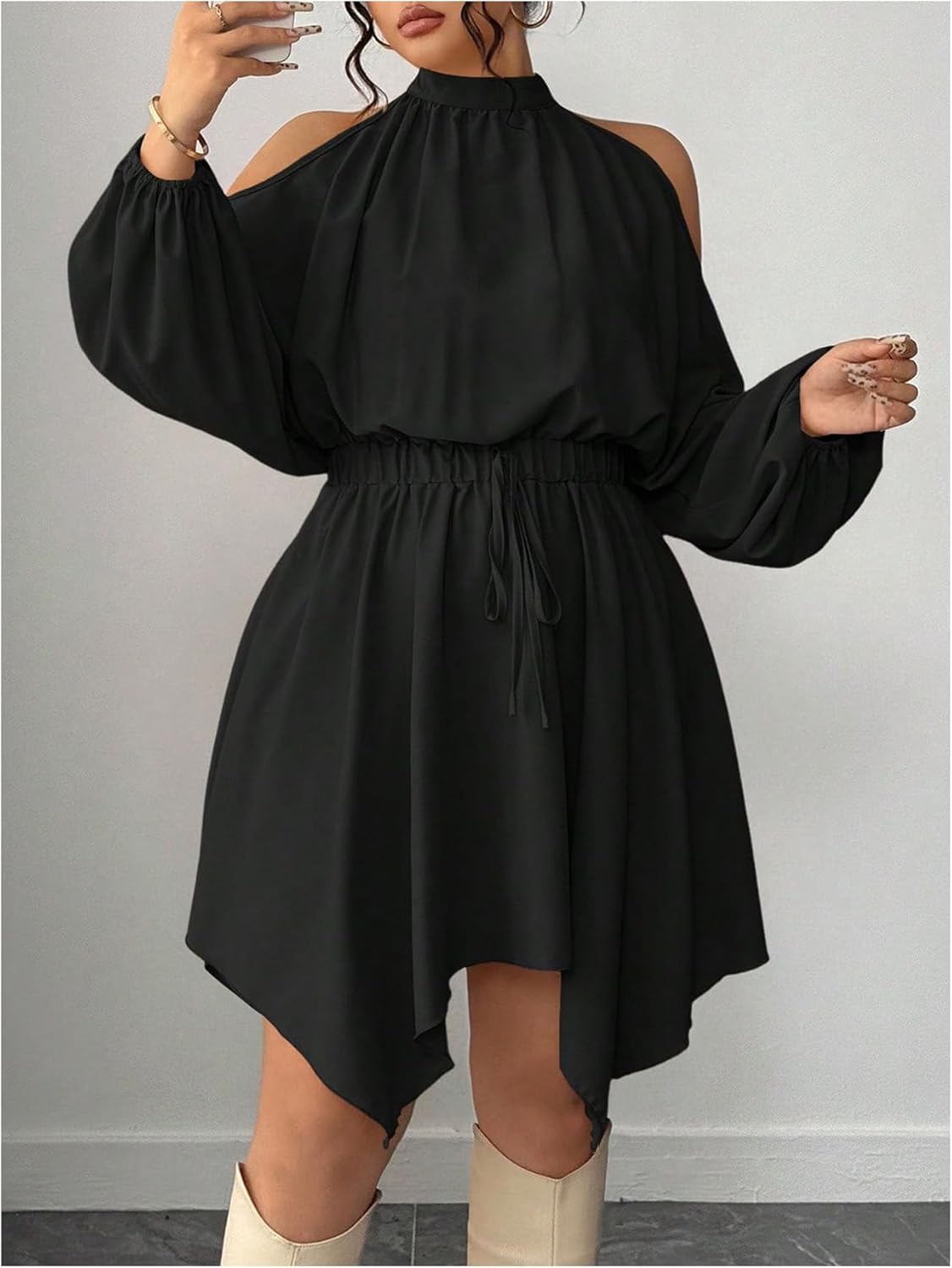 SweatyRocks Women's Cold Shoulder Swing Short Dresses Long Sleeve Shirred Asymmetrical A Line Dress - Image 3