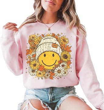 Floral Happy Face Graphic Sweatshirt, Cute Trendy Smiley Pullover for Women, Retro Aesthetic Flower Sweater, Cozy Fall Outfit Multicolor