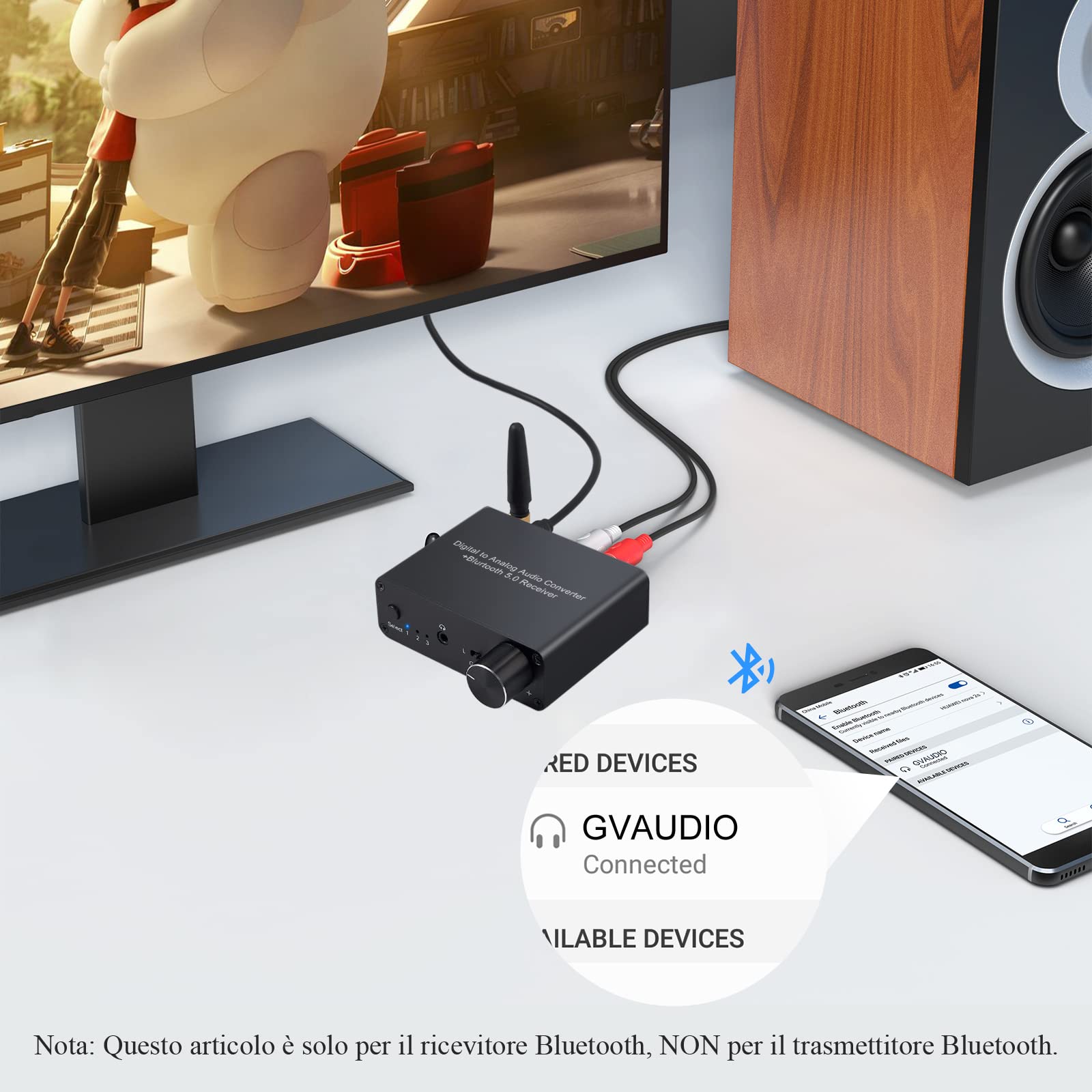 LiNKFOR 192KHz DAC Bluetooth con Amplificatore per Cuffie con Alimentatore DAC Convertitore Audio Digitale ad Analogico con Ricevitore Bluetooth V5.0 D/A Adattatore con Cavo Ottico e Cavo Coassiale