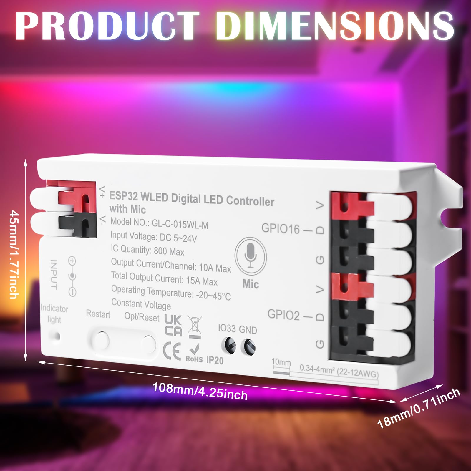 ESP32 WLED, controller digitale indirizzabile, controller WLED con microfono per NeoPixel (WS2812B, WS2811, SK6812), DC5-24V, perfetto per RGB e RGBW Digital Lights