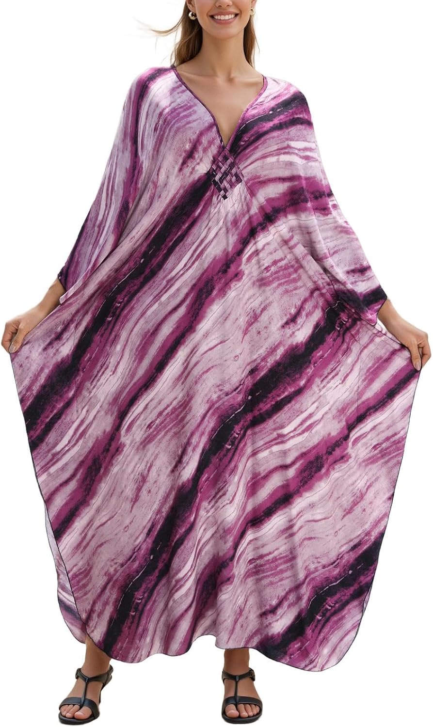 Women's Plus Size Kaftan Dress - Batwing Sleeve Long Beach Cover Up Maxi Dress Swimsuit Cover Loungewear