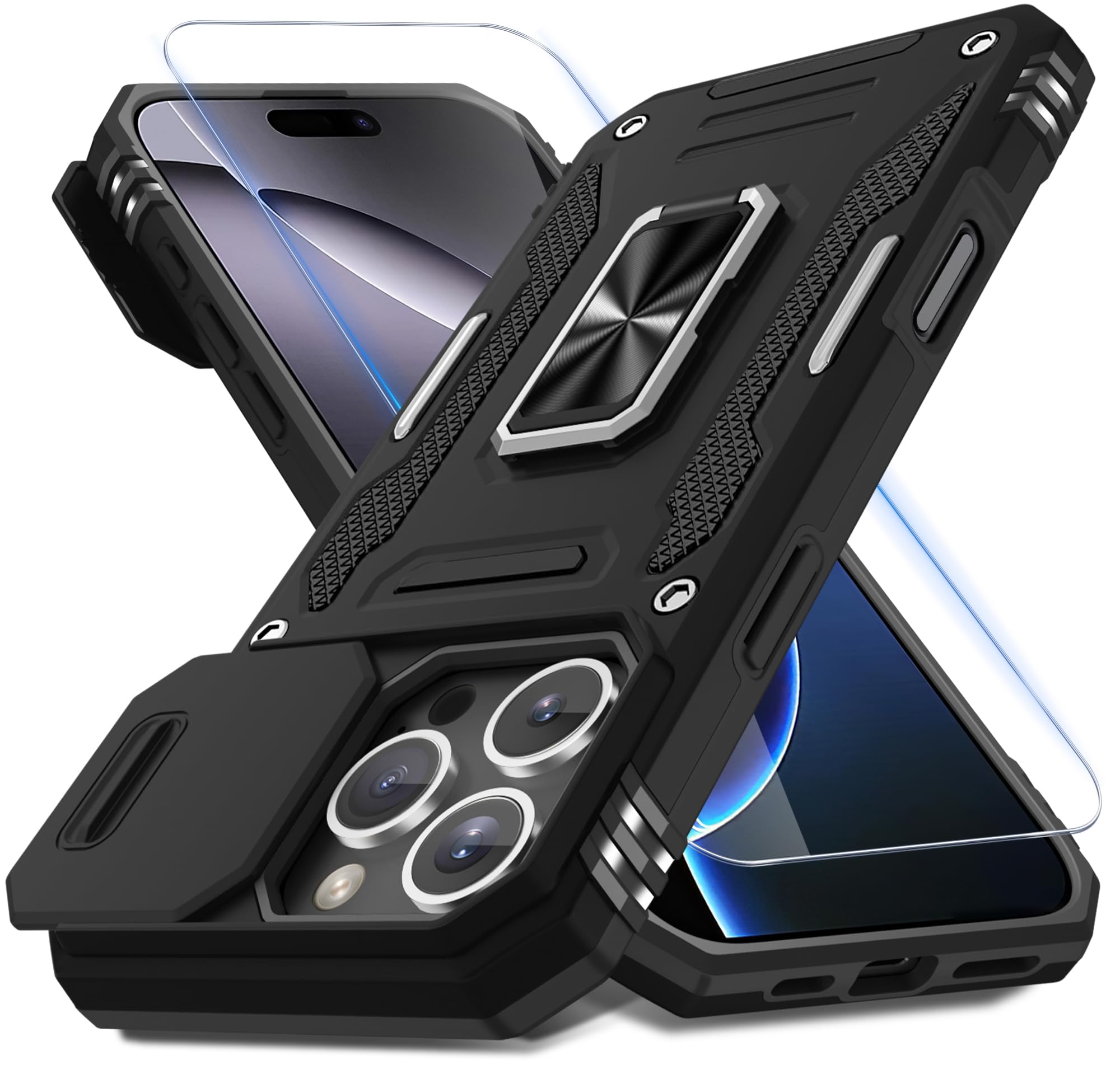 DEERLAMN Case for iPhone 16 Pro Max with Slide Camera Cover+Screen Protector (1 Pack), Rotated Ring Kickstand Military Grade Shockproof Protective Cover-Black