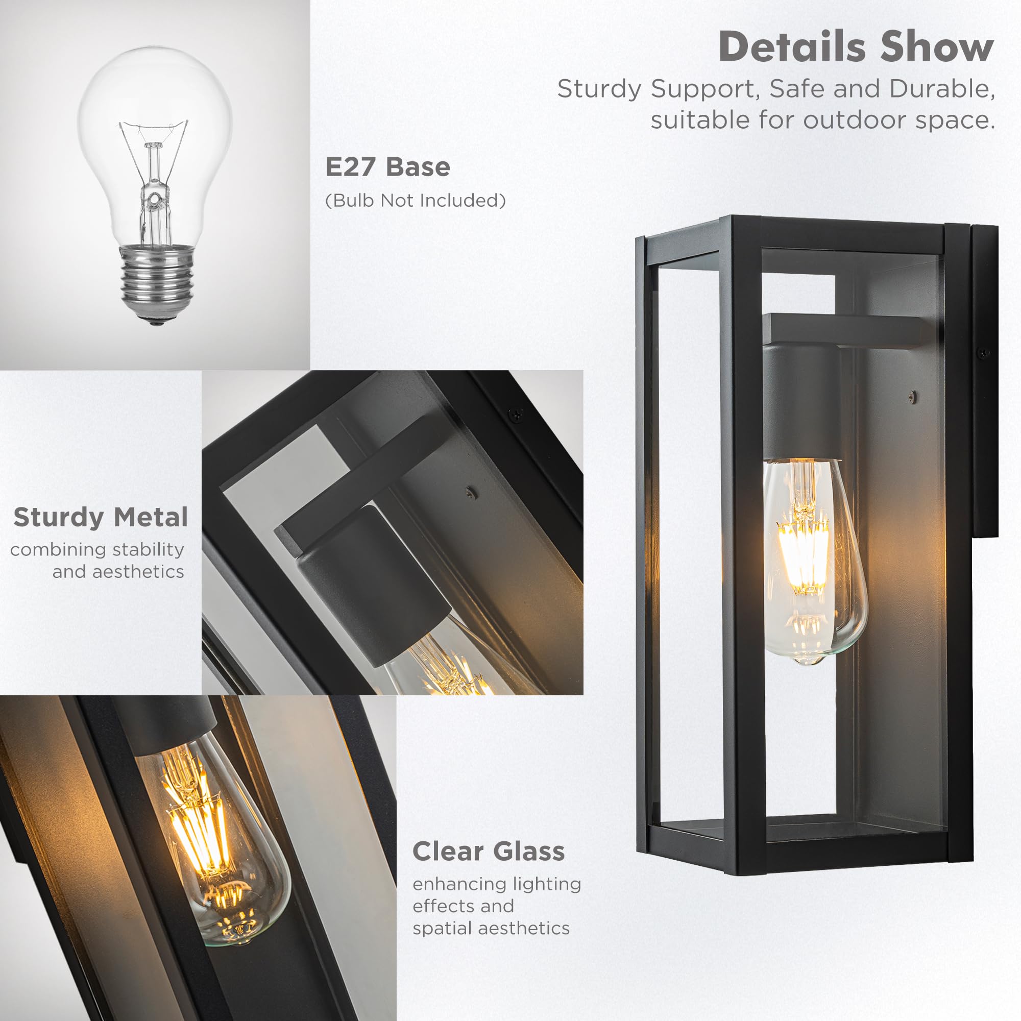 FTL Außen Wandleuchte Zweier-pack, E27 Außenwandleuchte und Klarem Glas, Modern Ausenbeleutung Hauswand, IP44 Wasserdichte Aussenleuchte wandlampe aussen, Schwarz Außenlampe Wand für Veranda, Terrasse