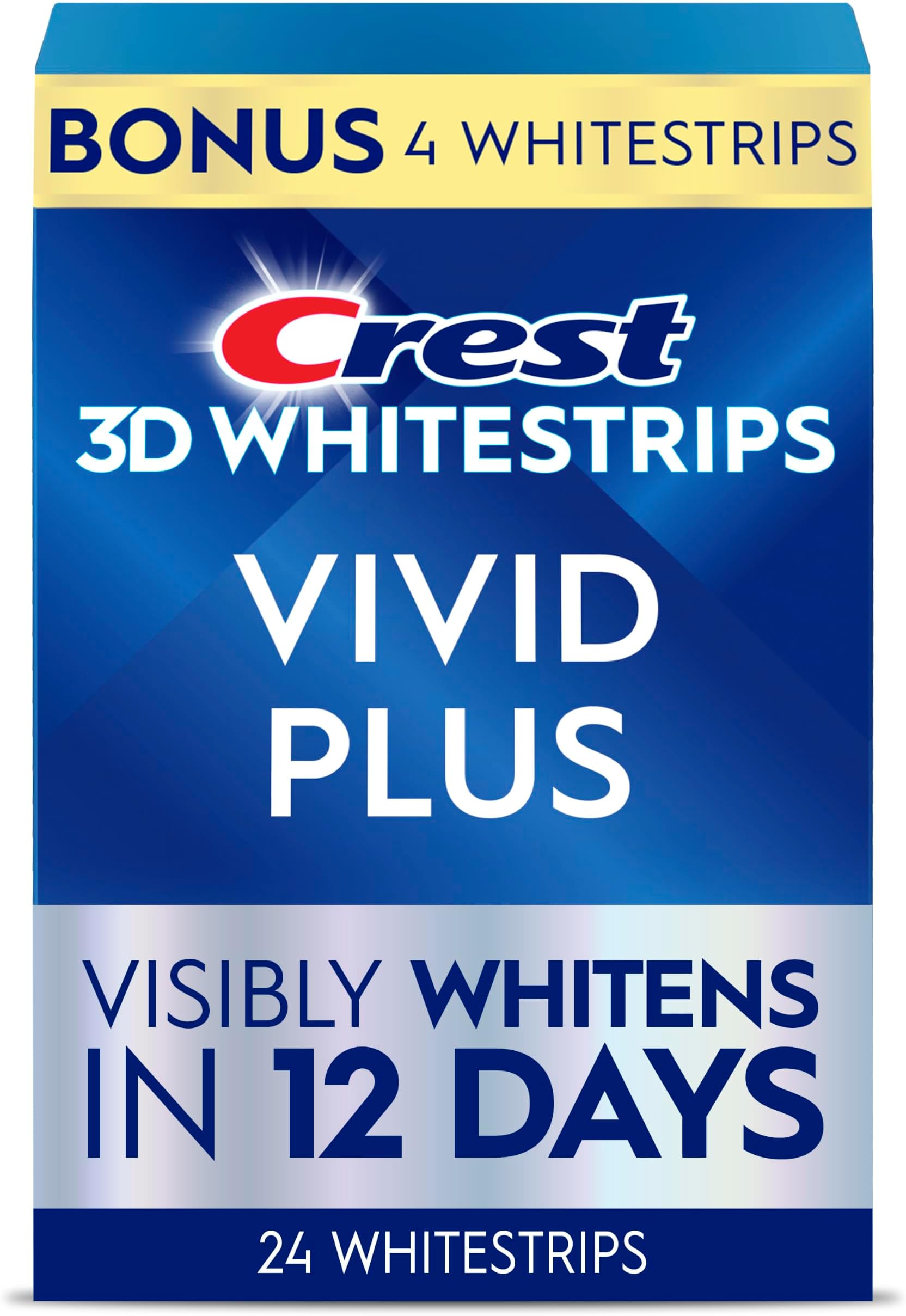 3D Whitestrips Vivid Plus, Teeth Whitening Strip Kit, 10 Treatments + 2 Bonus Treatments (Each with 1 Upper/1 Lower Strip), 24 Strips, 8 Levels Whiter, Teeth Whitening Kit