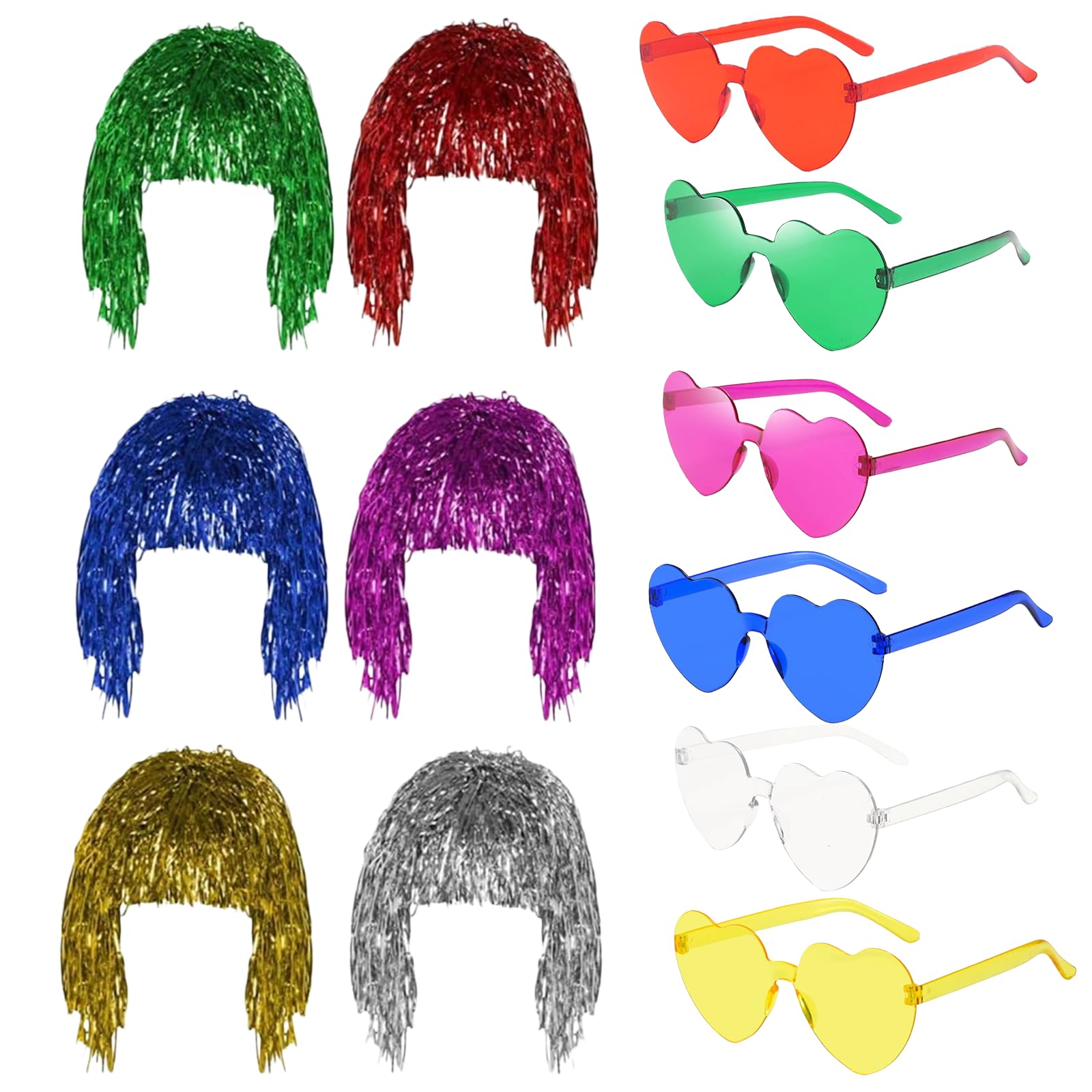 Accessoires Fête Brillante 6 Pièces Perruque Tinsel Métallique Brillante - Perruques Colorées Guirlande Pour Noël, Soirée Célibataire, Cosplay Et Fêtes (Rouge, Argent, Or, Vert, Rose, Bleu