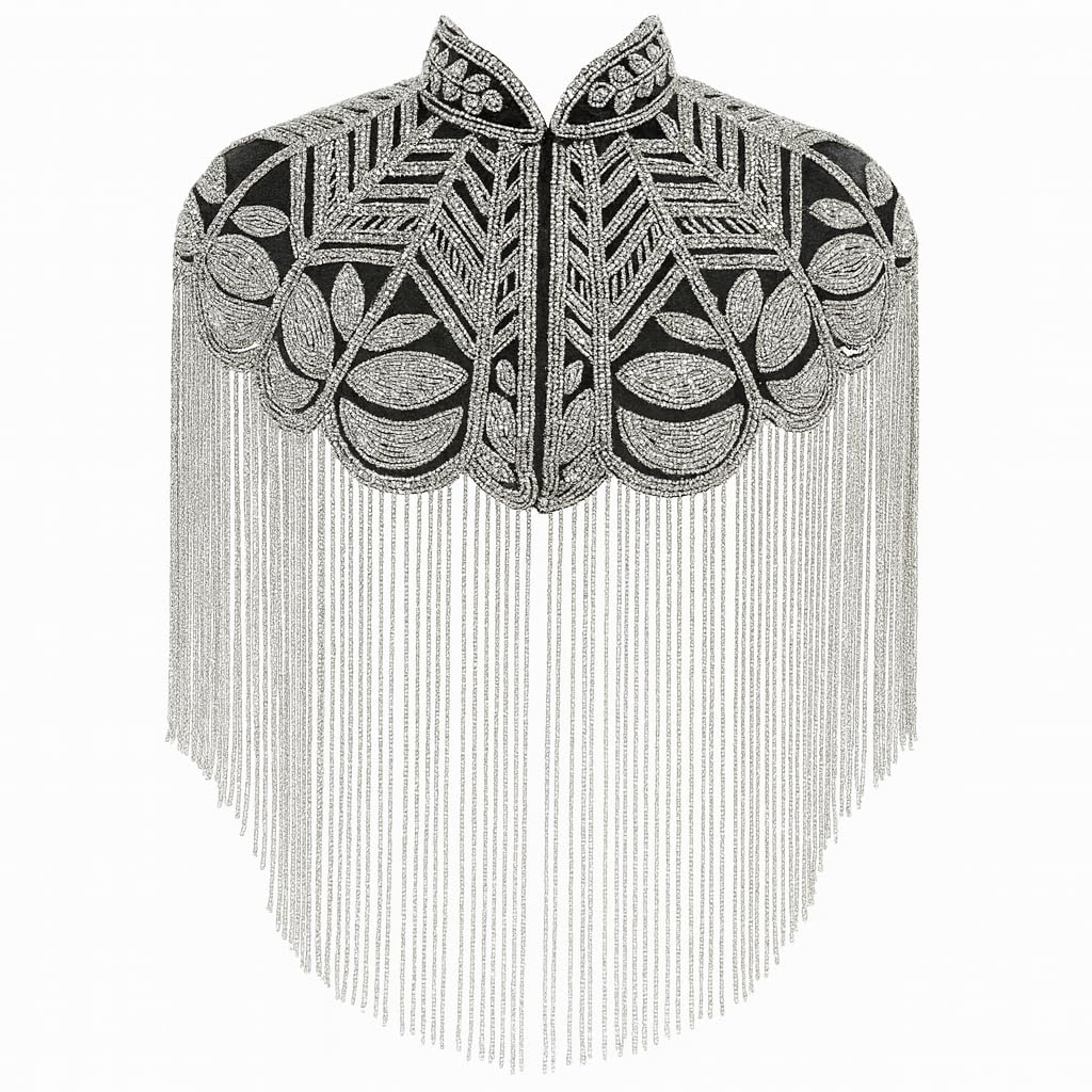 Glass Beaded Shrug Poncho Cape for Women | Handcrafted Embellished Capelet with Fringe |SILVER