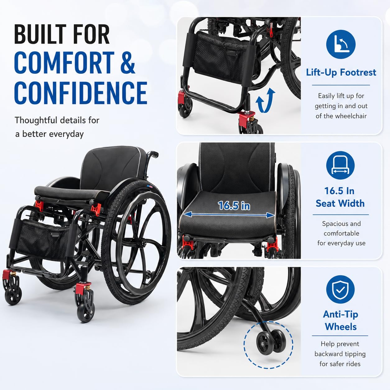 Silla de ruedas deportiva para adultos, silla de transporte plegable ligera con reposapiés, silla de ruedas de viaje portátil, silla de movilidad plegable de fácil transferencia, ancho del asiento de