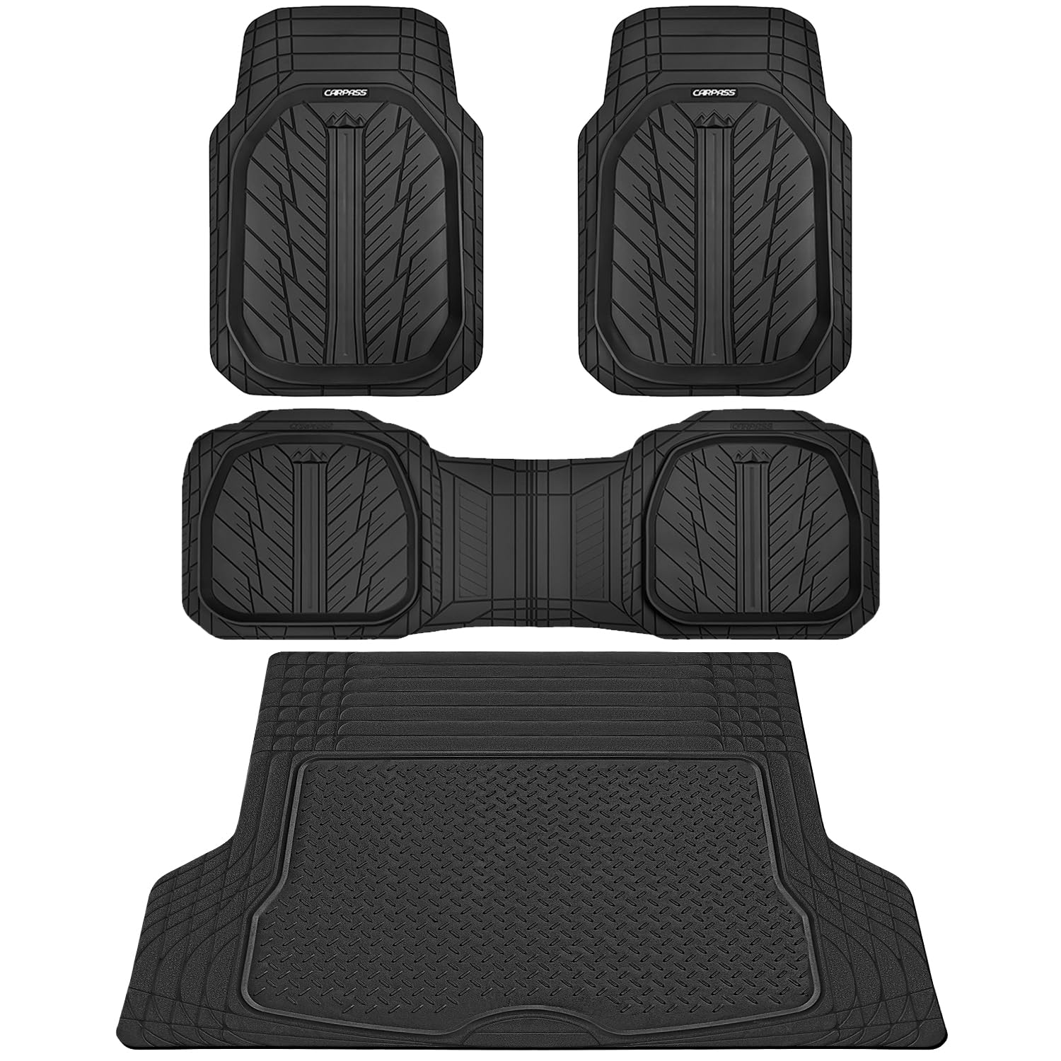 CAR PASS Deep Dish Floor Mats for Cars, Heavy Duty Rubber Floor Mats with Trunk Cargo Liner, Universal Trim-to Fit Automotive Floor mats for Truck Van SUV Waterproof All Weather Car Mats Solid BlackGlobal Recycled StandardGlobal Recycled StandardGlobal Recycled Standard