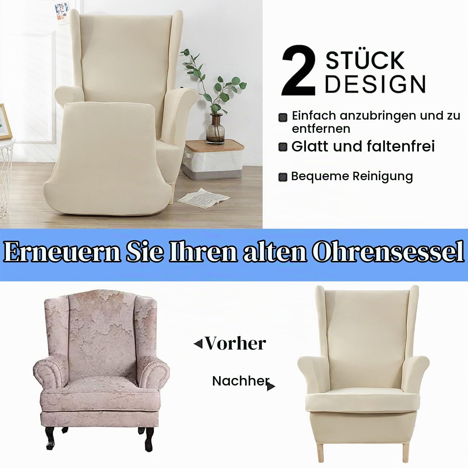 XINGYUEXUAN Ohrensessel Schonbezüge 2 Stück Stretch Flügel Stuhl Abdeckungen mit Armen Solid Farbe Flügel zurück Sessel Sofa Abdeckungen mit elastischen Boden für Wohnzimmer Schlafzimmer (beige)