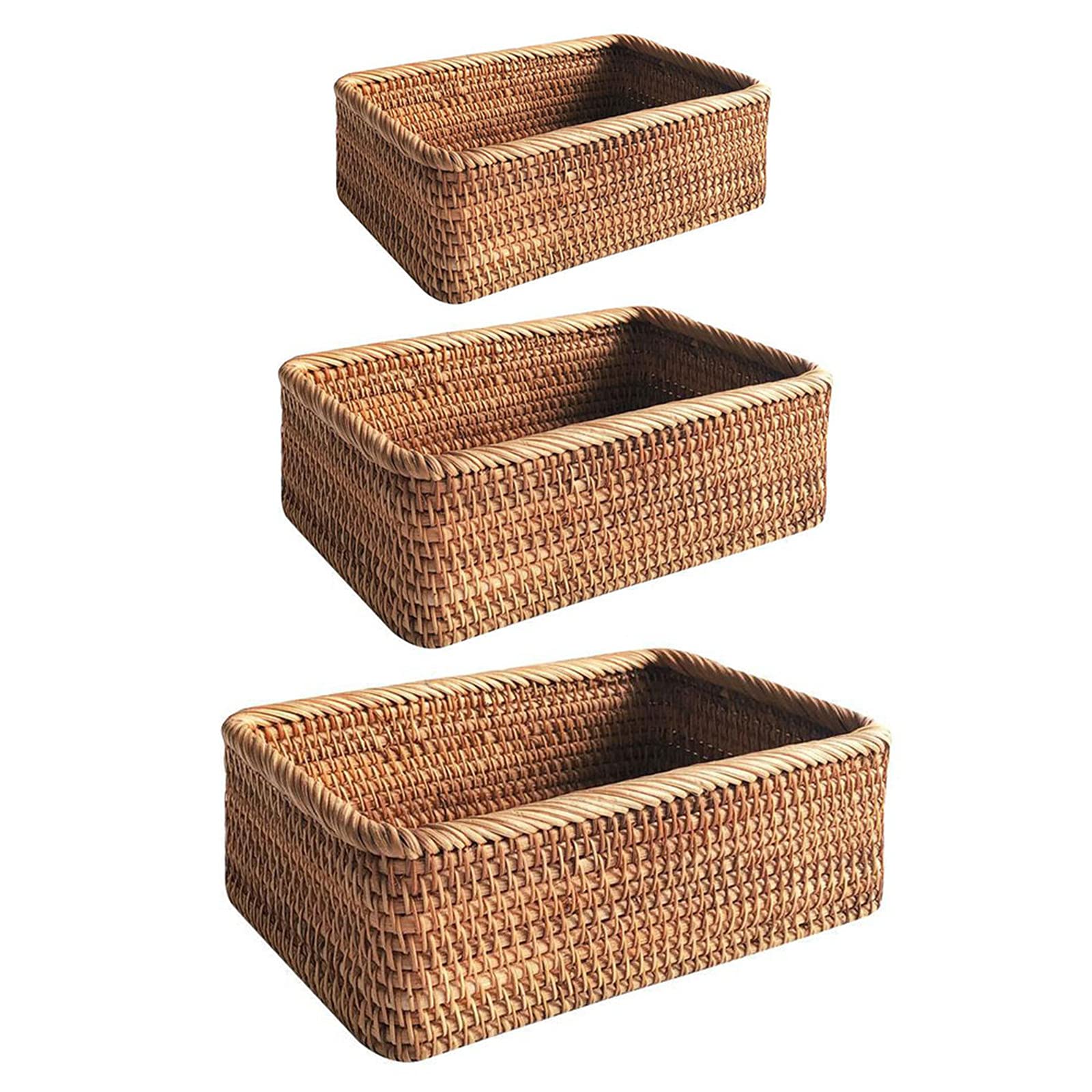 JYCRA 3 PCS Rattan Woven Storage Baskets,Hand Woven Baskets in Different Sizes Wicker Organizer Snack Storage Box for Living Room Kithcen
