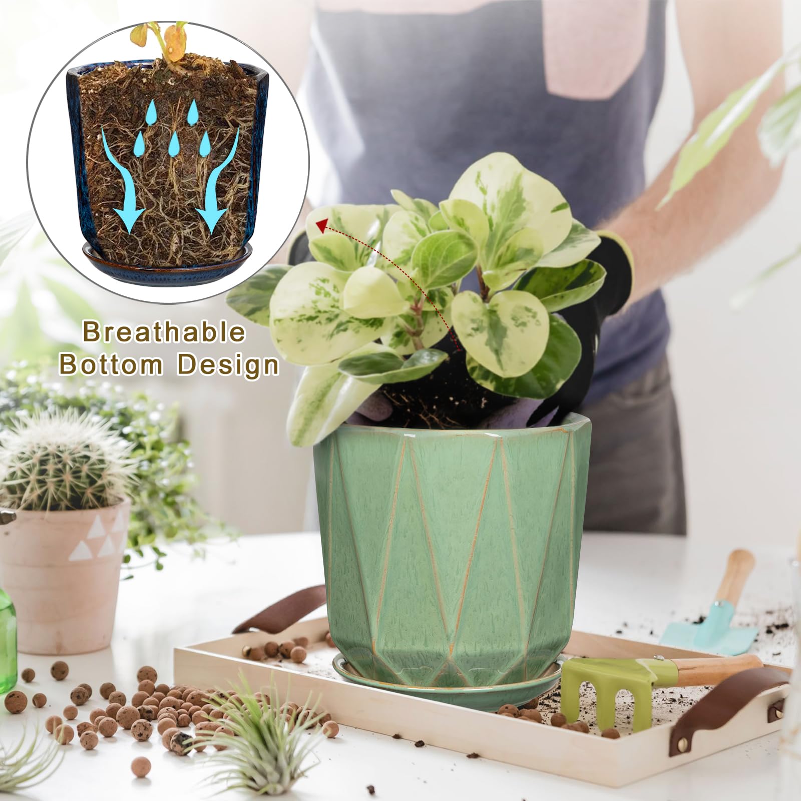 Oairse Macetas de cerámica para plantas, macetas de 8 + 6 pulgadas con agujeros de drenaje y platillos, macetas grandes de cerámica verde, maceta decorativa para plantas de interior y exterior