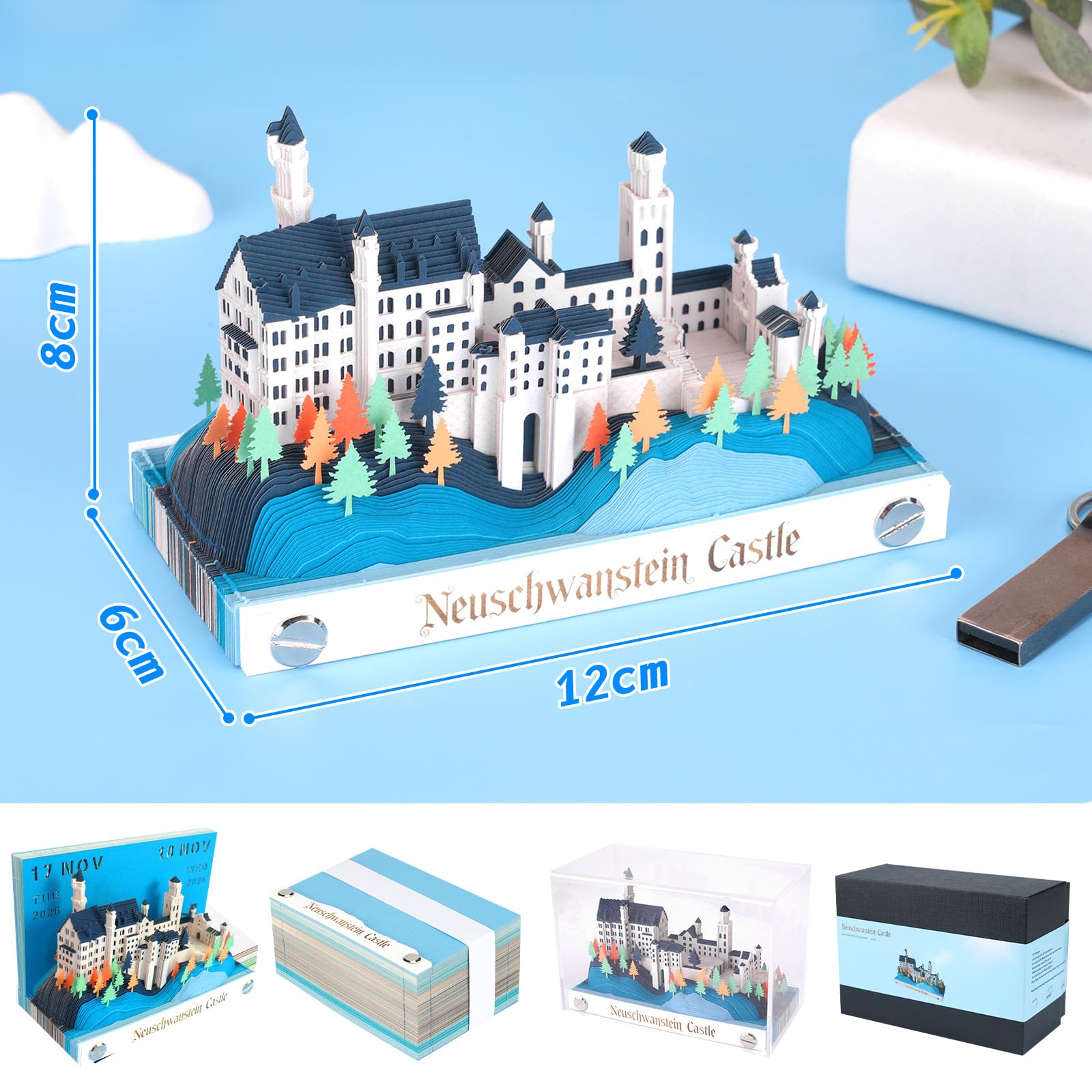 Calendario 3D dicembre 2025 & 2026 – Castello di Neuschwanstein | Calendario fai da te con blocco modello di carta | Elegante decorazione da scrivania e incantevole decorazione invernale