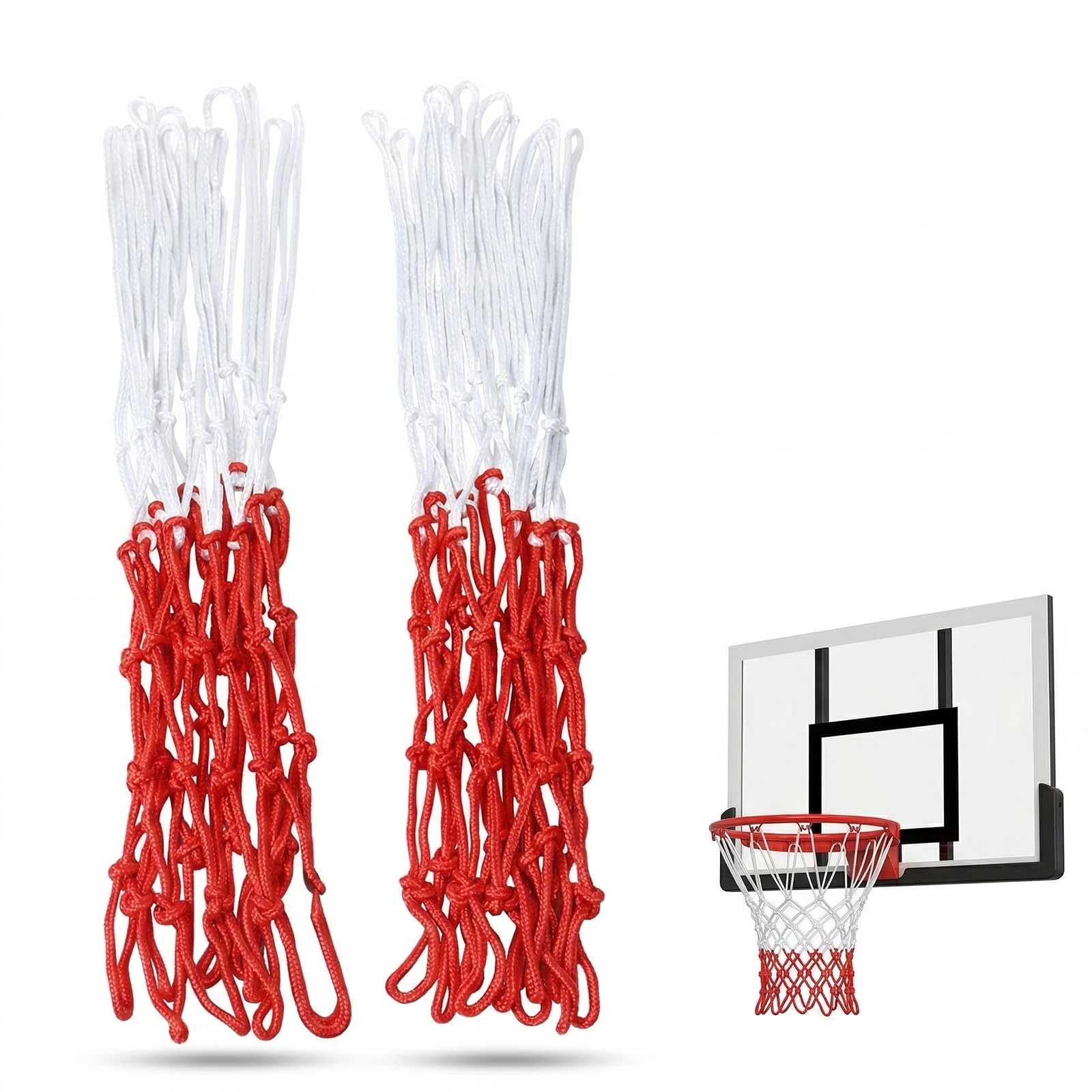 2 Pezzi Rete da Basket Professionale, Retina Canestro Anti-Groviglio in Poliestere, Resistente alle Intemperie, Bianco e Rosso, Accessori Basket Standard