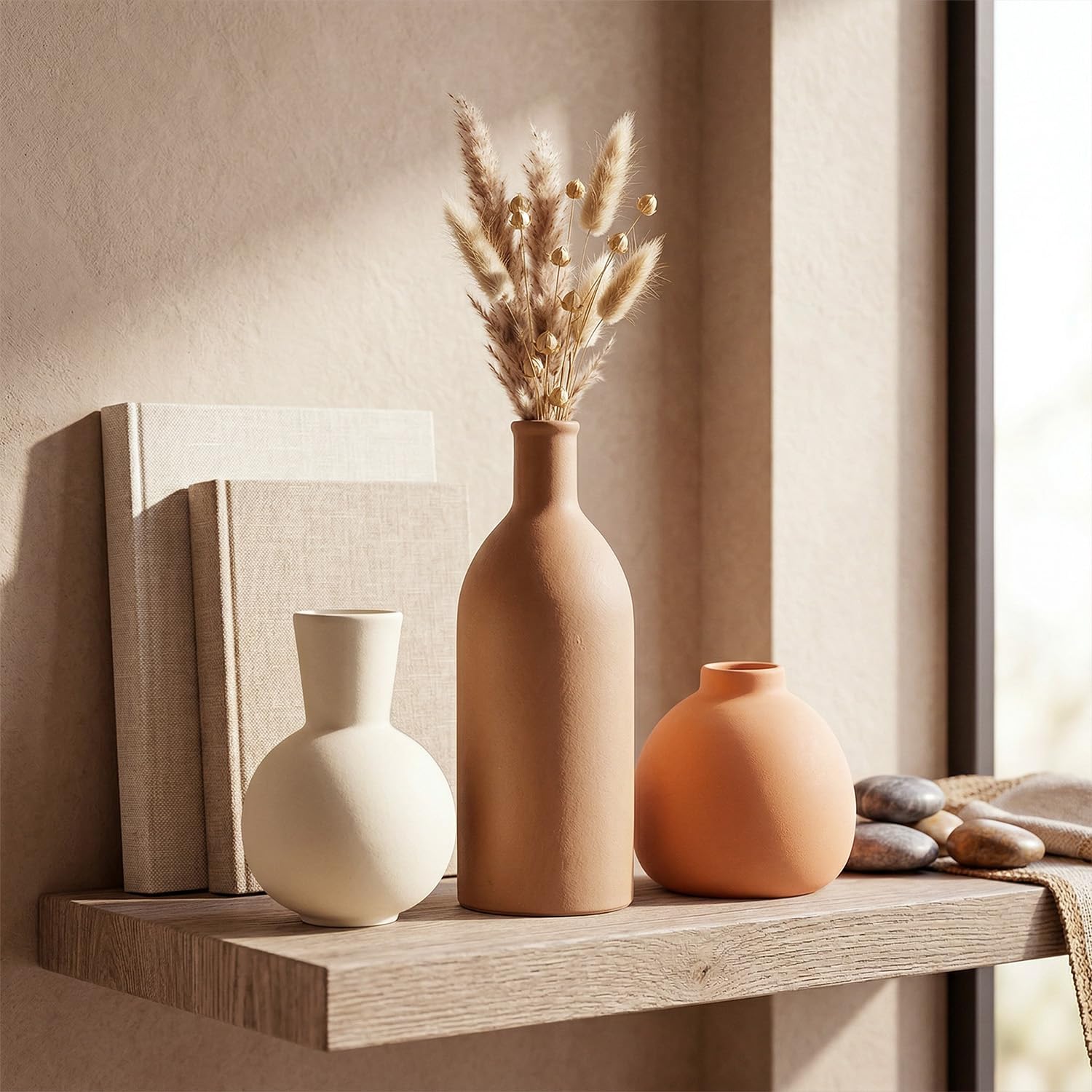 OFFASST Keramik Vasen Set | Iconic Home Vase für Pampasgras & Trockenblumen | Moderne Tischdeko in Beige & Braun