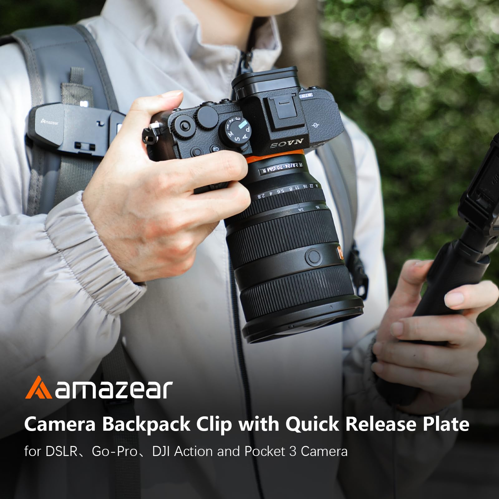 AMAZEAR Clip Correa Mochila Cámara DSLR: Operación a Una Mano Mejorada con Placa Liberación Rápida para Canon Nikon Sony Fuji Go-Pro Cámara Acción, Seguro Antiapertura, Negro