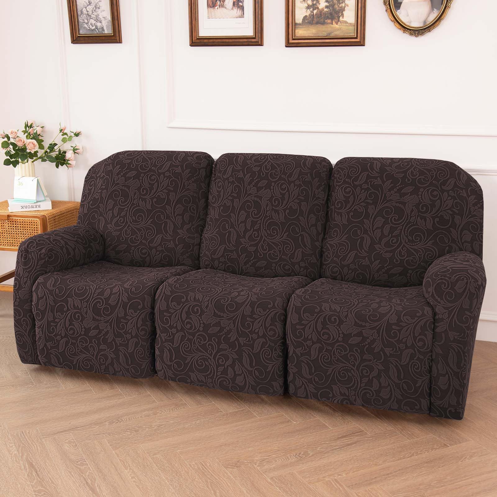 LiveGo Recliner Covers, Stretch Reclining Chair Covers, Recliner Sofa Slipcovers Stripe Jacquard Recliner Couch Covers Furniture Protector Covers for Pet Kid (Chocolate, 3 Seater)