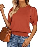 PRETTYGARDEN Womens Tops Spring 2025 Summer Puff Short Sleeve Sweater Crewneck Knit Work Blouses Dressy Casual Trendy Shirts Brick Red Medium