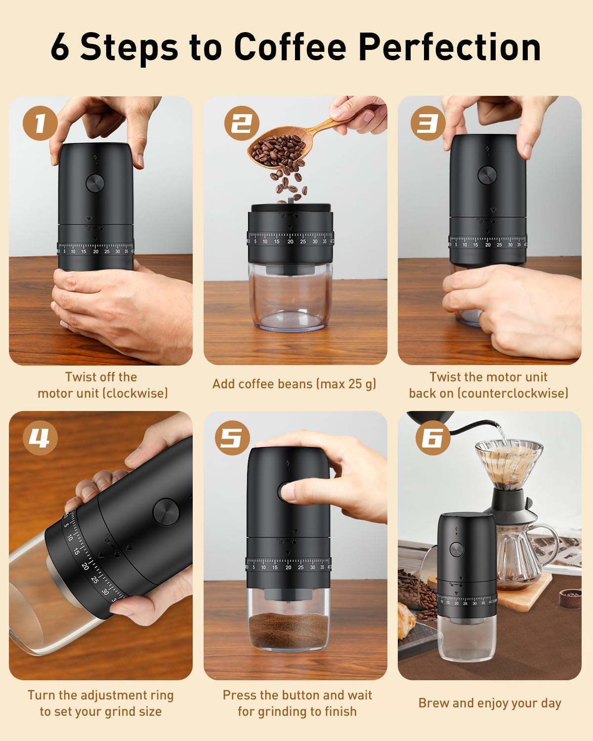 Pawfly Wiederaufladbare Kaffeemühle 40 stufig Keramikkegelmahlwerk mit Auto-Stop & Reinigungsbürste Elektrische Profimühle für Reise Camping