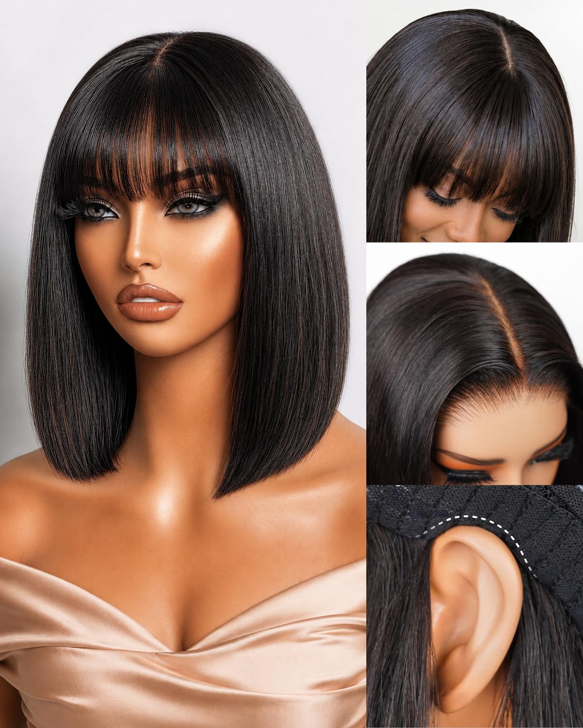 Arabella Bob Wig Human Hair 6x6 Bob Wig with Bangs 10inch Glueless Bob Wig Natural color 10 Inch
