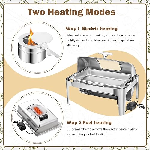 Miniatura 3 de Hushee 1 juego de bufé de 9 cuartos de galón, servidor y calentadores eléctricos de combustible, plato de catering de acero inoxidable con bandejas
