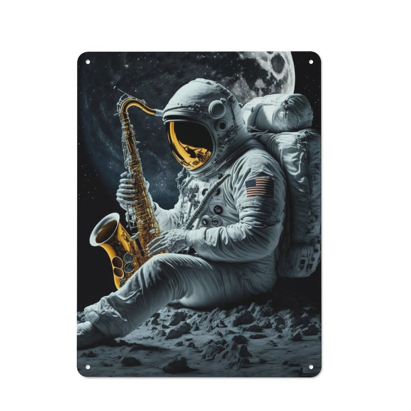 Distressed Look Metal Wall Art Sign 40x30cm Featuring Astronaut Saxophone, Old Style Wall Plaque for Lounge, Study, Pub Or Wall Gallery