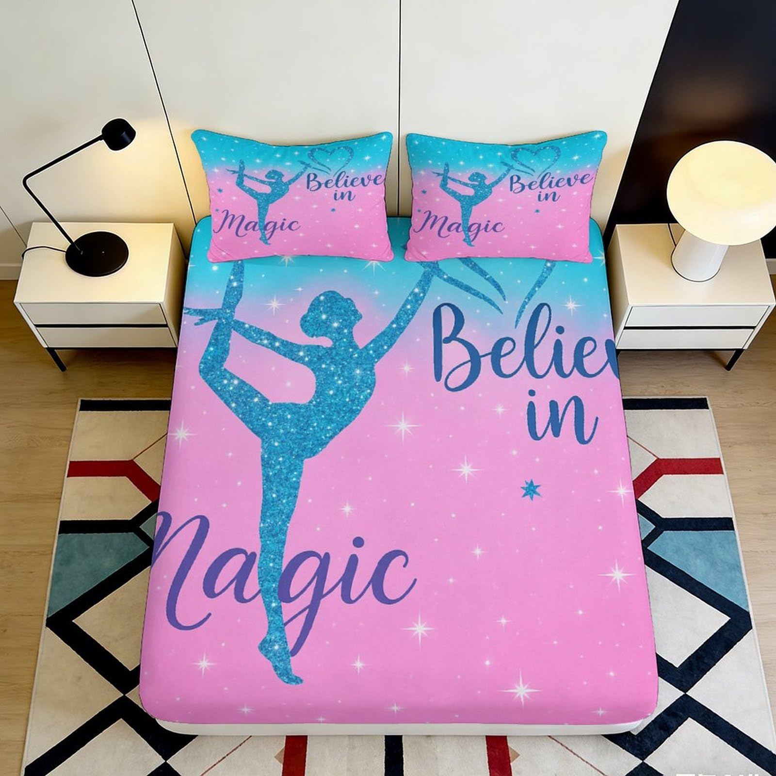 Pnayamiorkfel Style-6 3D Printed Ballet Silhouette Fitted Sheet Microfiber Pink Blue Believe In Magic Bed Cover For Bedroom Guest Room Decor 90X200x25cm