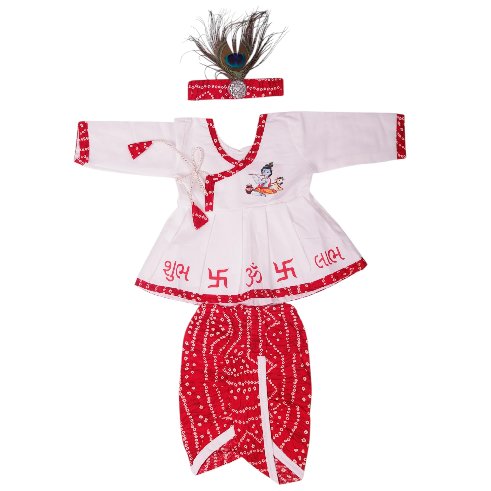 Traditional Lord Krishna Costume for Kids - White and Orange Dhoti Kurta Set with Shubh Labh, Om Symbols & Peacock Feather Headband - Ideal for Festivals