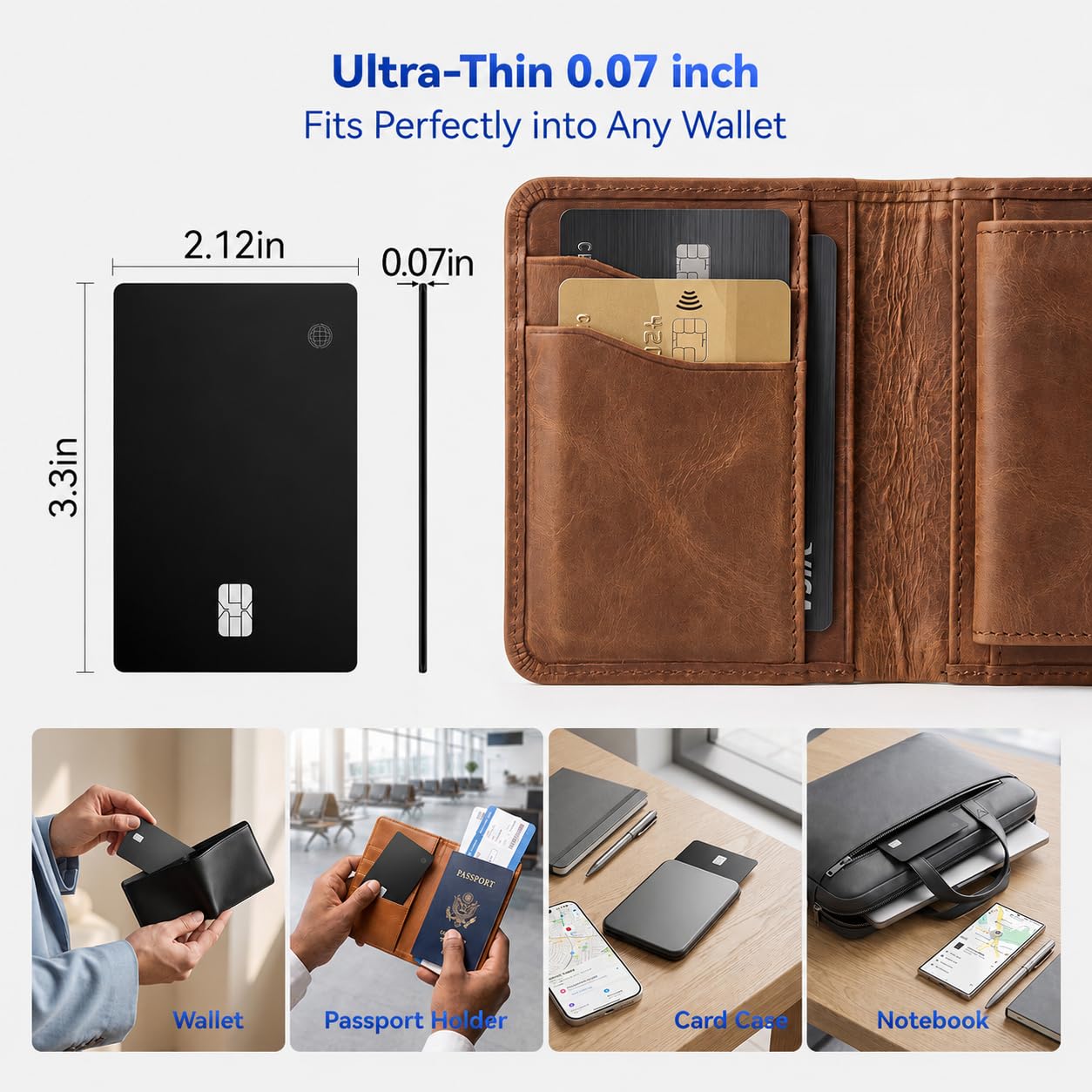Tarjeta de seguimiento de cartera de doble plataforma, tarjeta de seguimiento delgada inalámbrica recargable de 0.18 cm, funciona con Apple Find My y Google's Find Hub, localizador de artículos