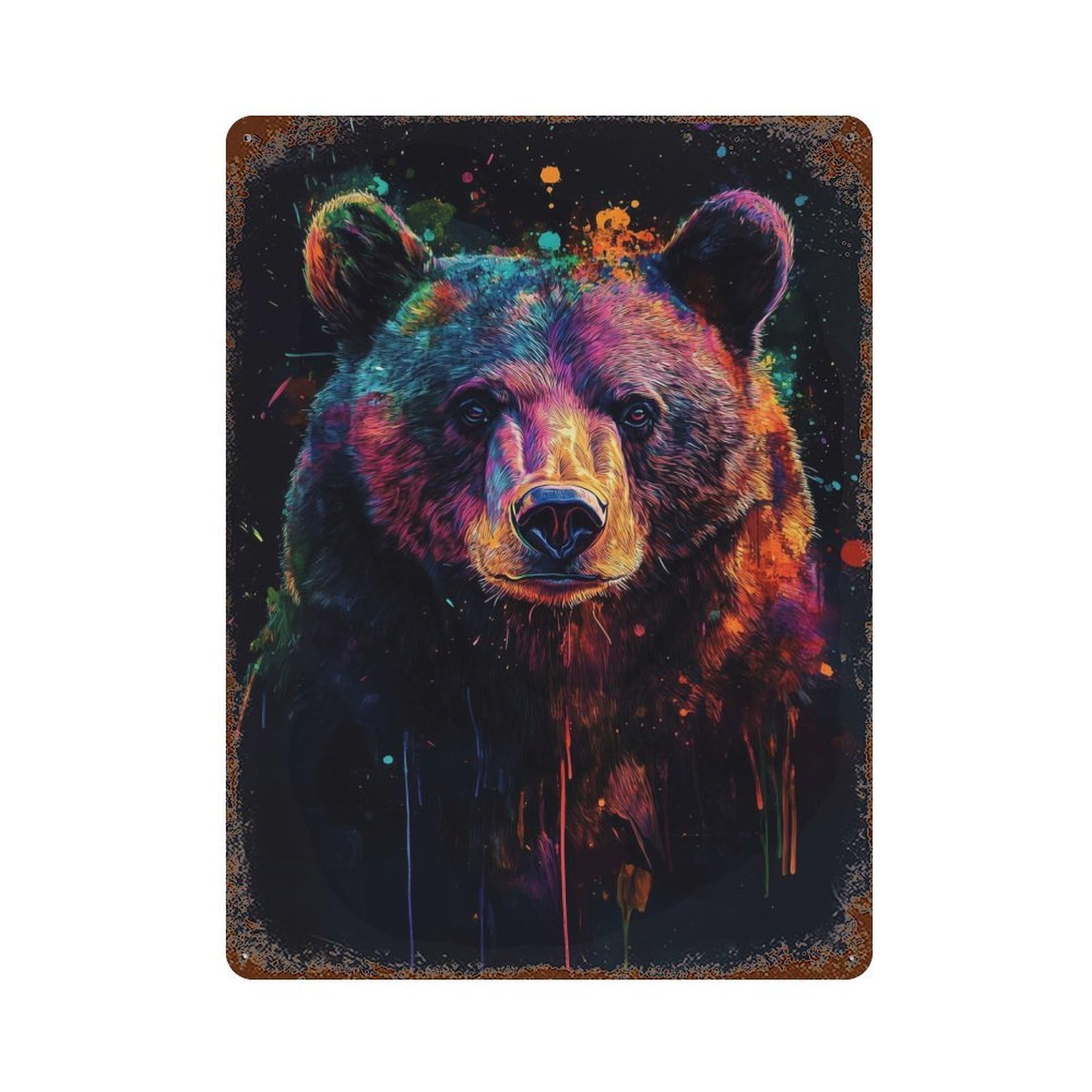 Bear in Neon Splatter Vintage Wall Sign 15.7"x11.8", Rust Effect Metal Decor for Cafe, Home Bar And Lounge Decor