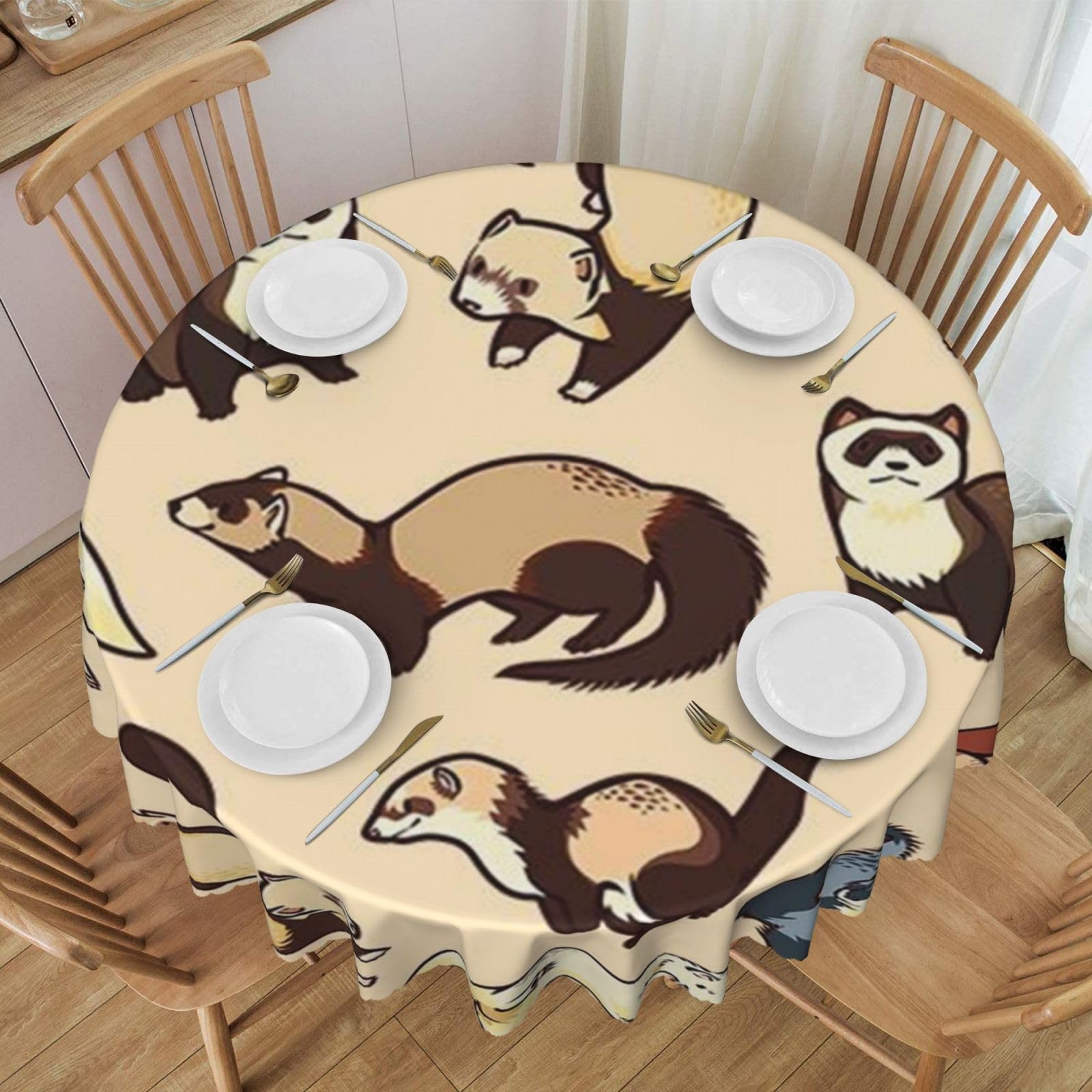 DCEHGEW 60 In Round Tablecloth with Lace, Hairy Ferret Printed Oilproof & Washable Fabric Picnic Table Cloth Table Covers