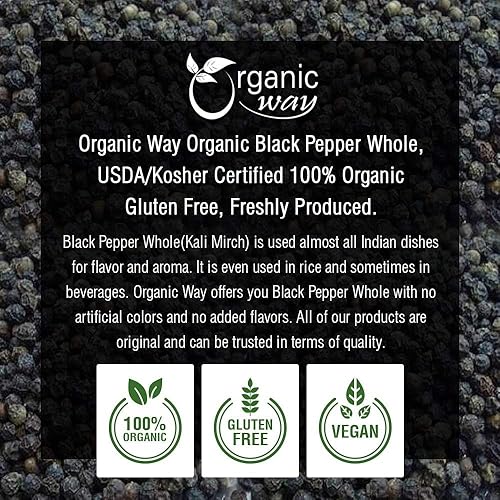 Miniatura 2 de Organic Way Pimienta negra entera (grano de pimienta Tellicherry negra) - Recambio de molinillo  Añade sabor  Certificado orgánico y Kosher  Sin OMG