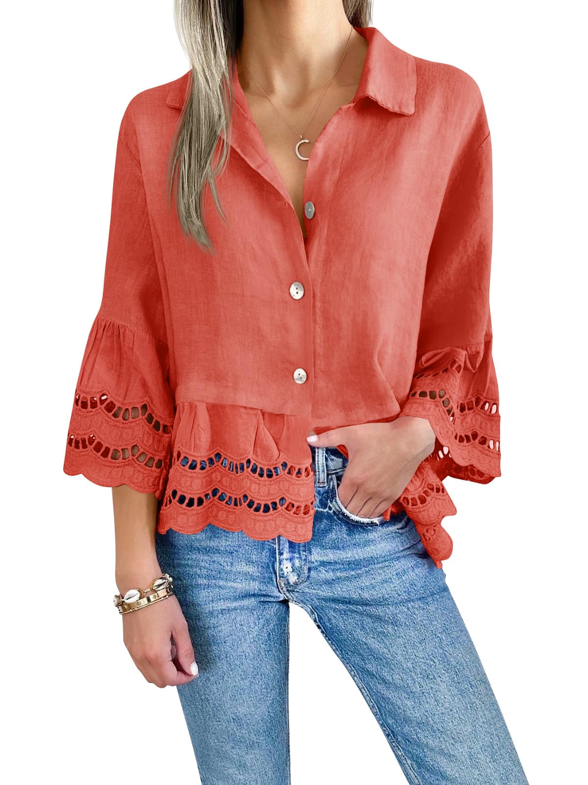Cicy Bell Camicetta da donna con maniche a 3/4 a campana, bottoni, casual, orlo arricciato, top con occhielli