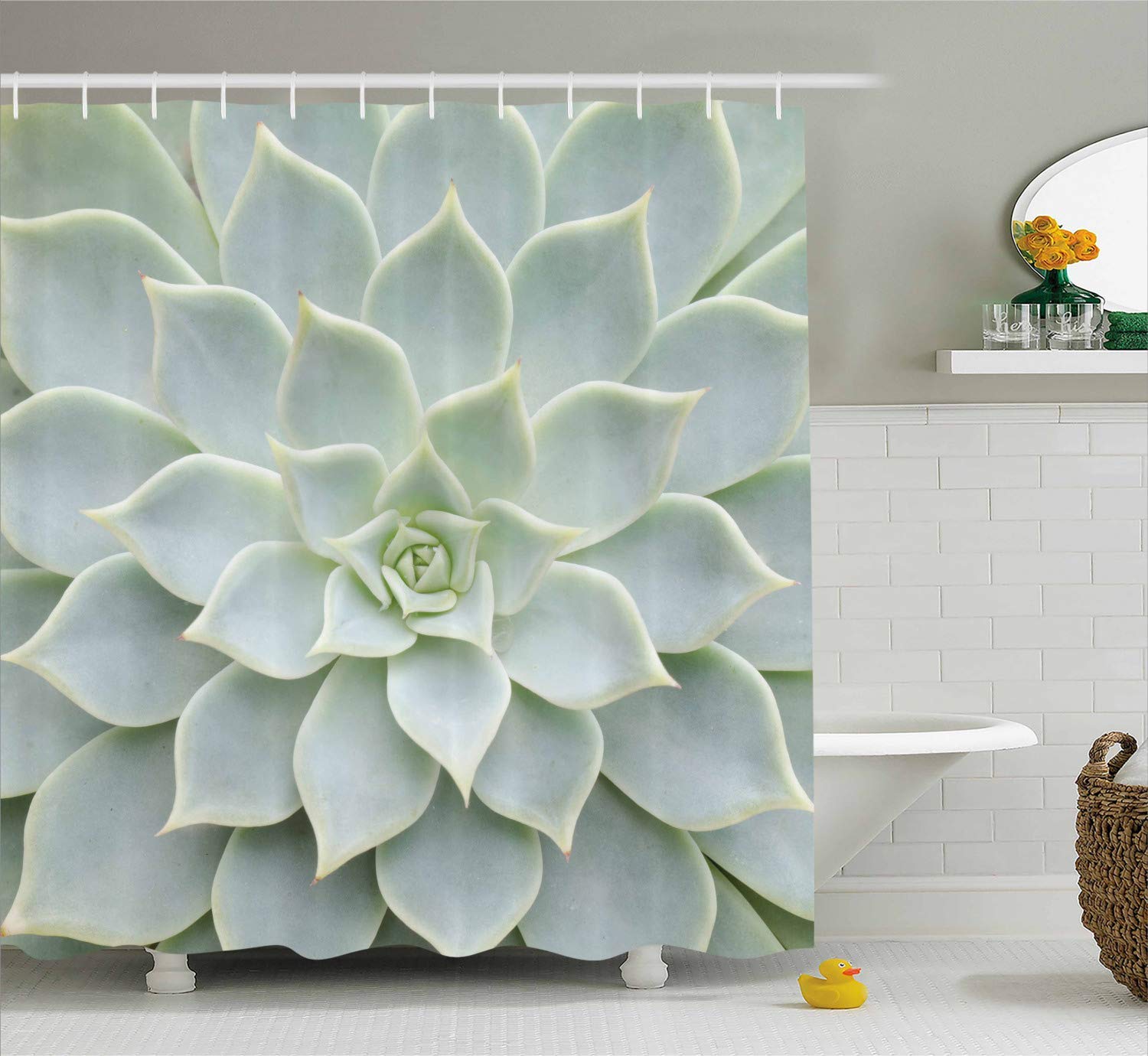 JOOCAR Cactus Shower Curtain, Cactus Plant Flower Close up View Photo Image Desert Mexican Hot Natural Plant Art, Cloth Fabric Bathroom Decor Set with Hooks,Green