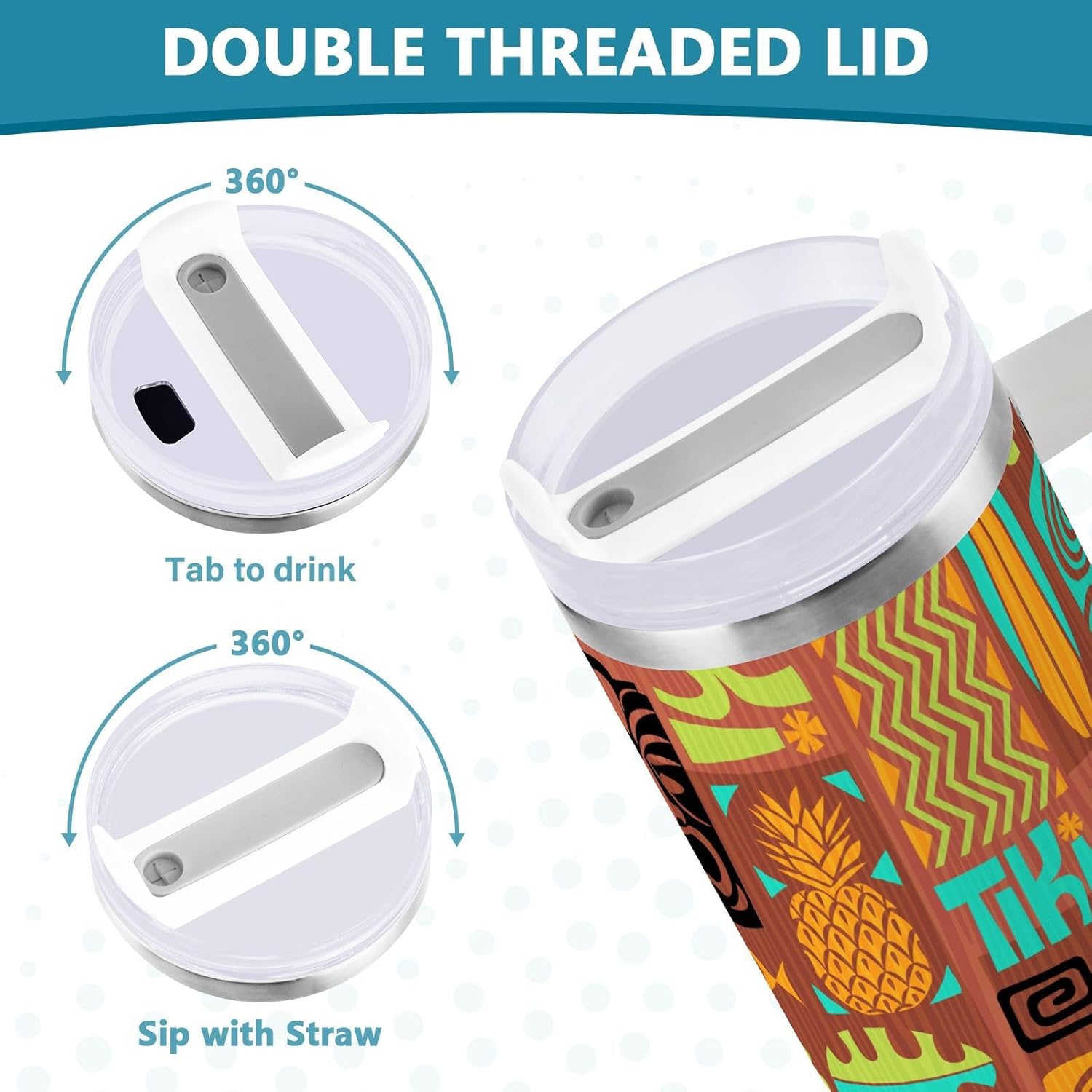 30 oz Tumbler with Straw & Handle - 2 in 1 Lids Leak Proof Tumblers - Large Insulated Stainless Steel Cup Water Bottle Travel Metal Mug for Women Man,Retro Hawaiian Brown Tiki