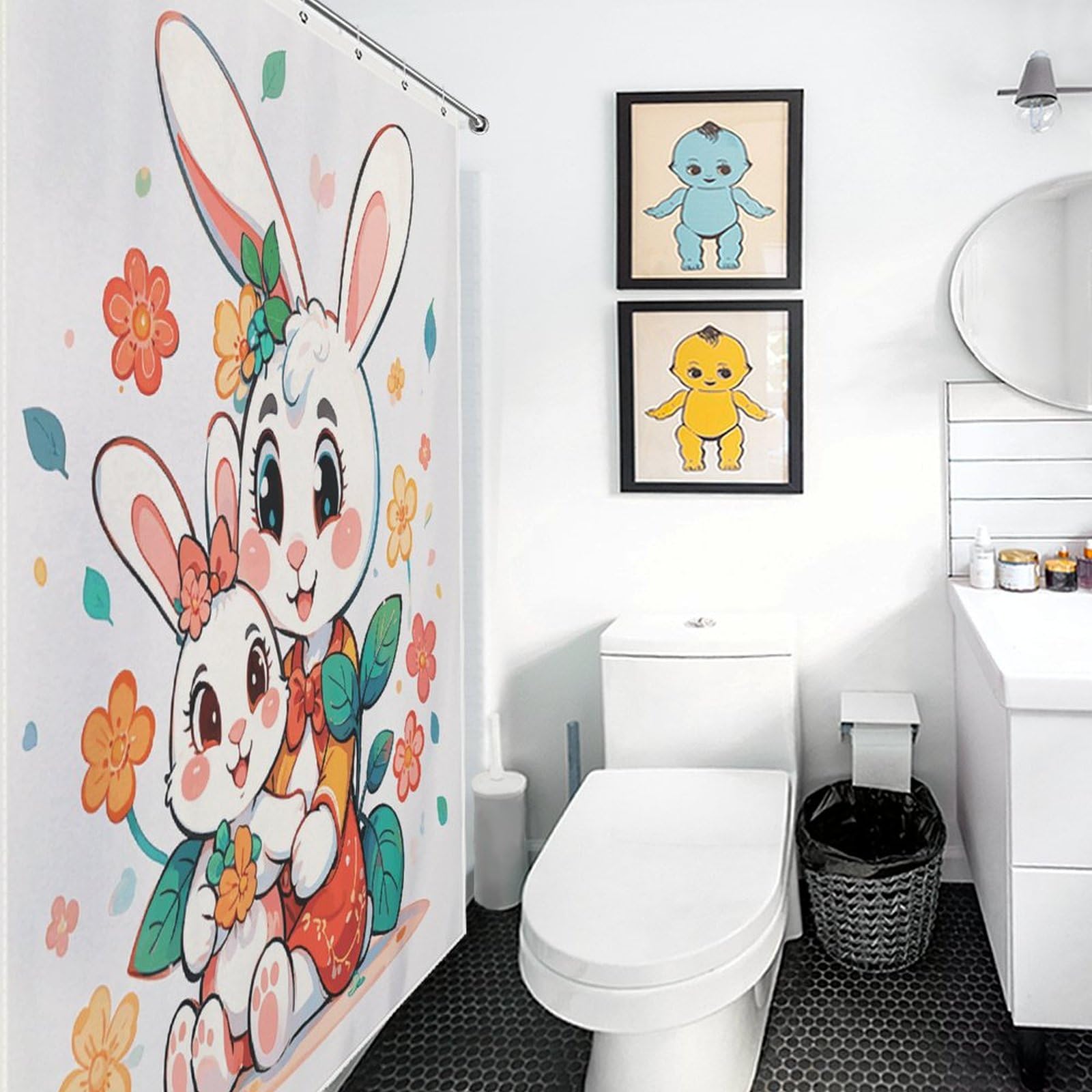 Rideau de douche lapin 183x183 cm imperméable en tissu avec ses 12 crochets de salle de bain