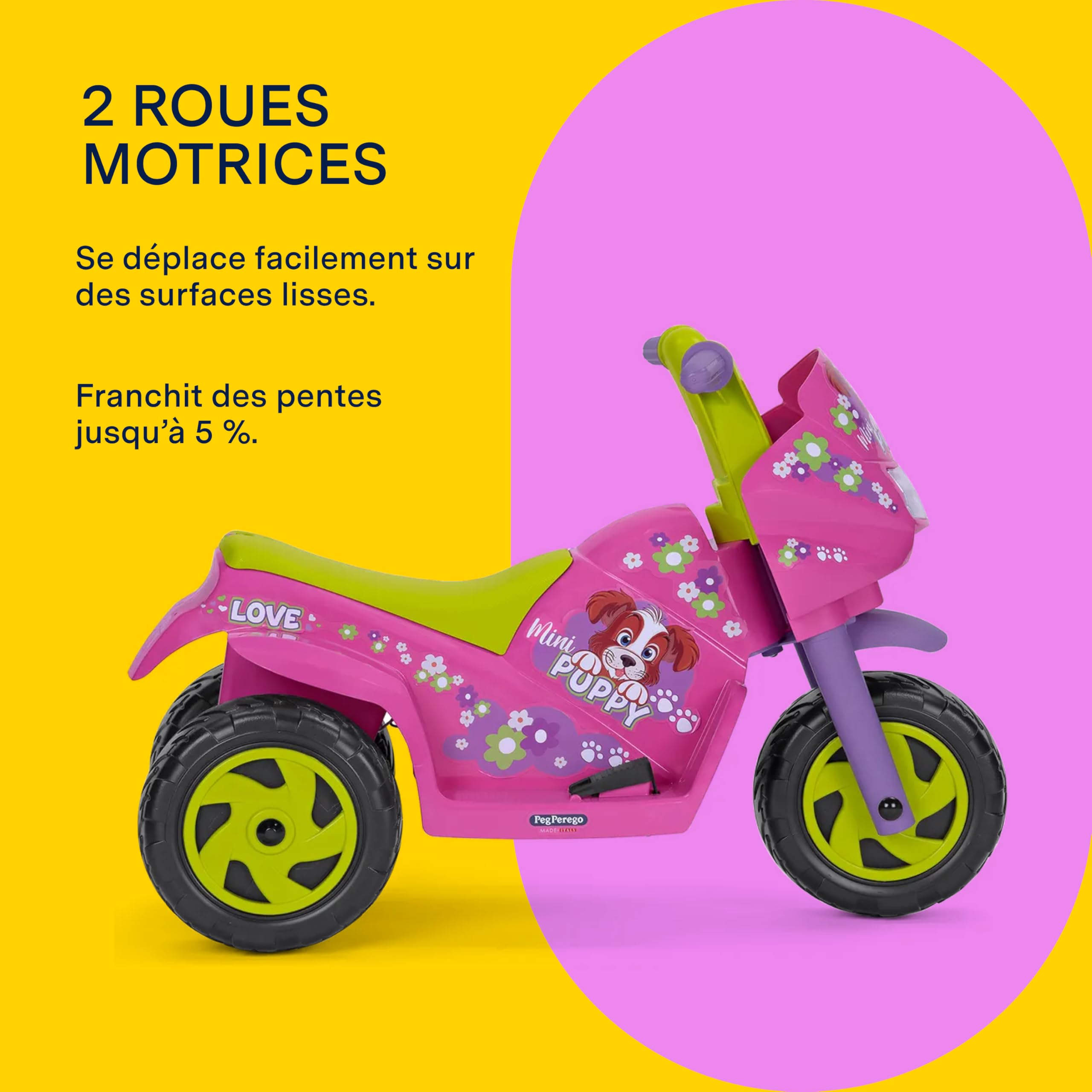 PEG Mini Puppy Moto Électrique pour Enfants dès 1 an, Batterie Rechargeable 6V, Phares LED, Klaxon et Musique, Vitesse 4 km/h, Deux Roues Motrices avec Profil