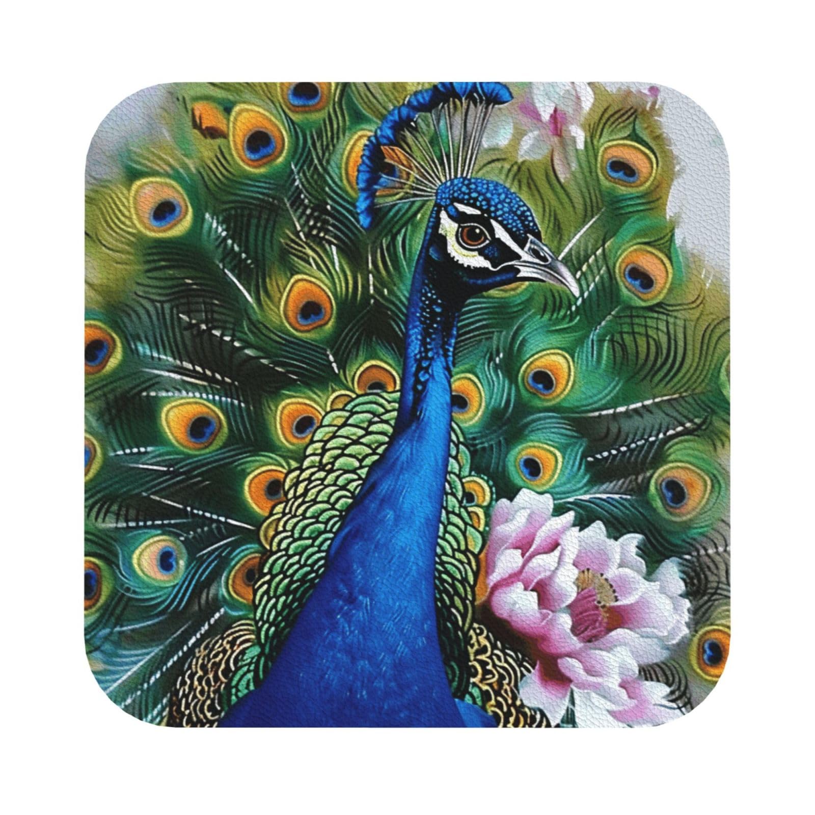 Peacock Print Leather Coaster Set of 6, Square Coasters Table Decorative Coffee Cup Beverage Coasters Wine Beer Bar Coasters for Hot Drinks Table Protection