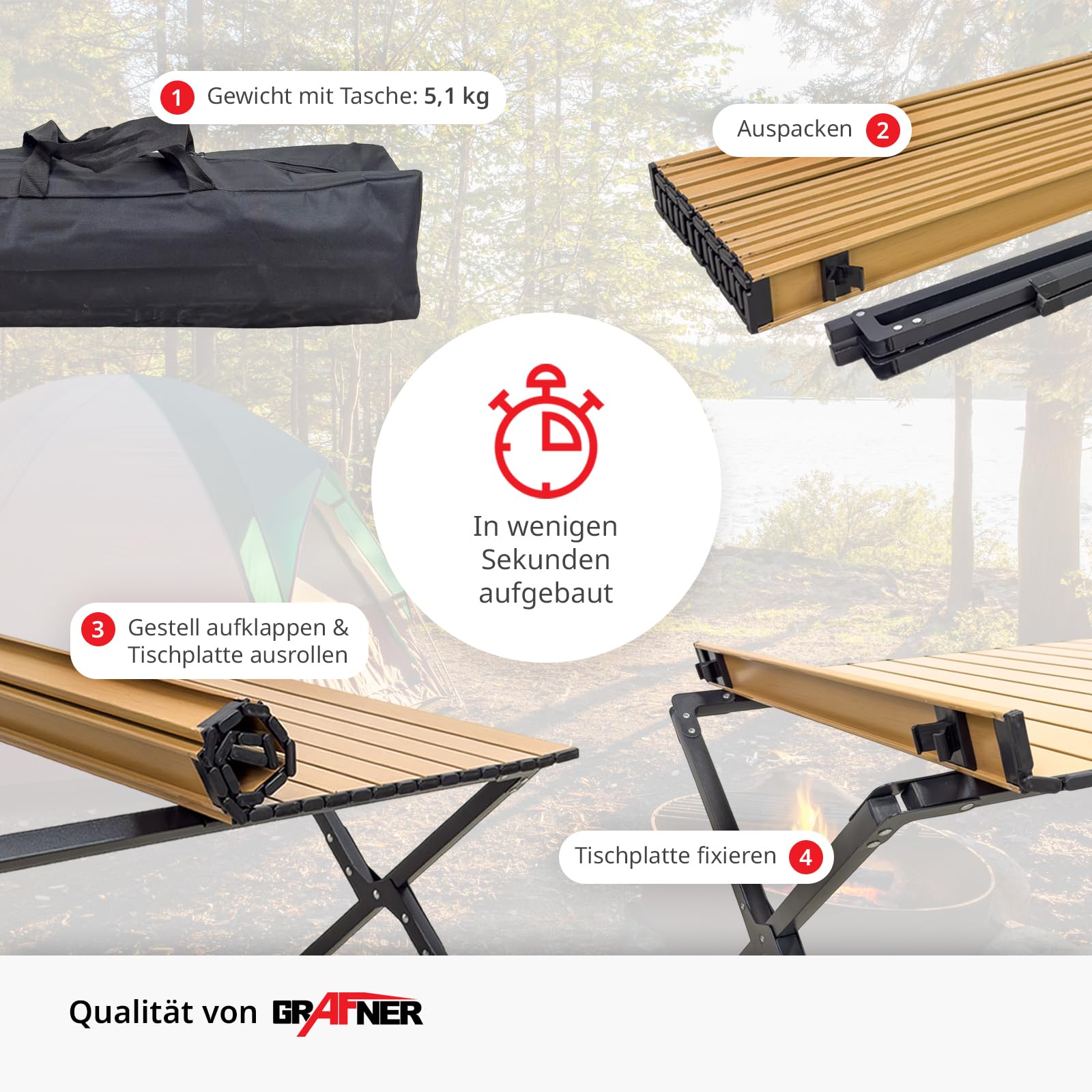 Grafner XXL Campingtisch in Holzoptik klappbar, 118 x 58 x 43 cm, niedrige Ausführung, kleines Packmaß mit Tasche, stabil und tragbar, bis 50 kg, Carbonstahl, Rolltisch Klapptisch Picknick Tisch Holz