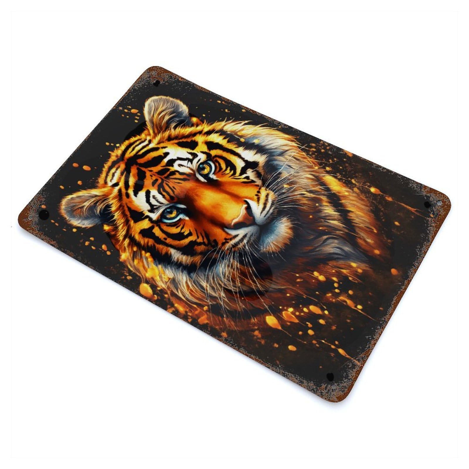 Majestic Tiger Portrait with Golden Splatters Decorative Tin Sign 11.8"x7.9", Ideal for Cafe, Home Bar And Lounge Decor