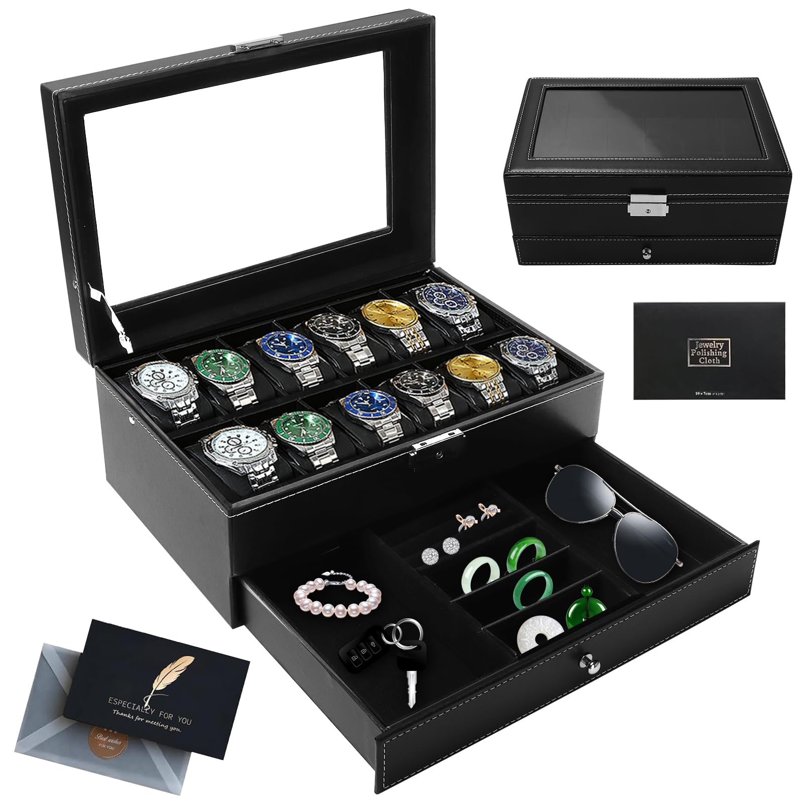 Boîte à montres à 2 couches,Coffret à Montres avec couvercle en verre,Rangement pour Montres en Cuir,12 compartiments et 1 tiroir,pour montres, bagues, bracelets,Boîte de Montre Noir
