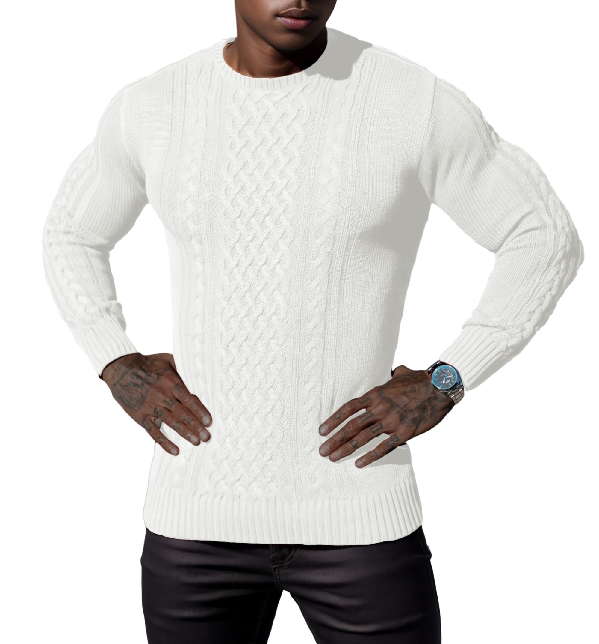 Hisir Pull Homme Hiver Cablé épais Col Rond Chaud Manches Longues Pullover Tricoté Col Rond Pulls Hommes
