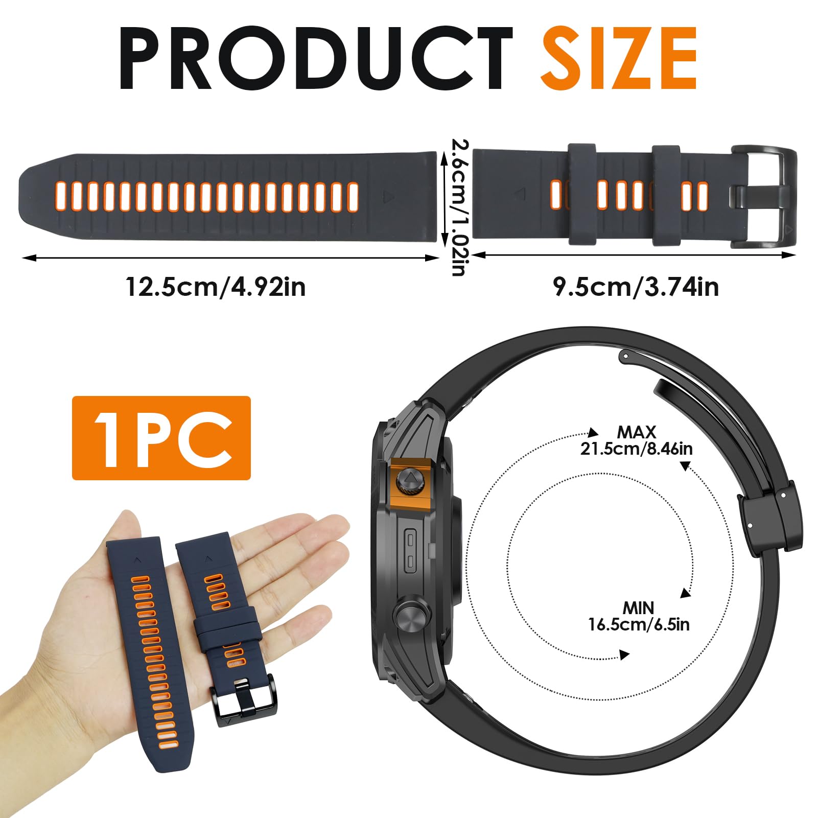For Garmin Fenix 7x 6x Pro Strap 26mm Silicone Quick Fit Watch Strap for Garmin Fenix 8 51mm/Fenix 7X Pro/Fenix 7X/Fenix 6X/Fenix 6X Pro/Fenix 5X/Fenix 5X Plus Sport Wristbands (Grey & Orange - Image 2