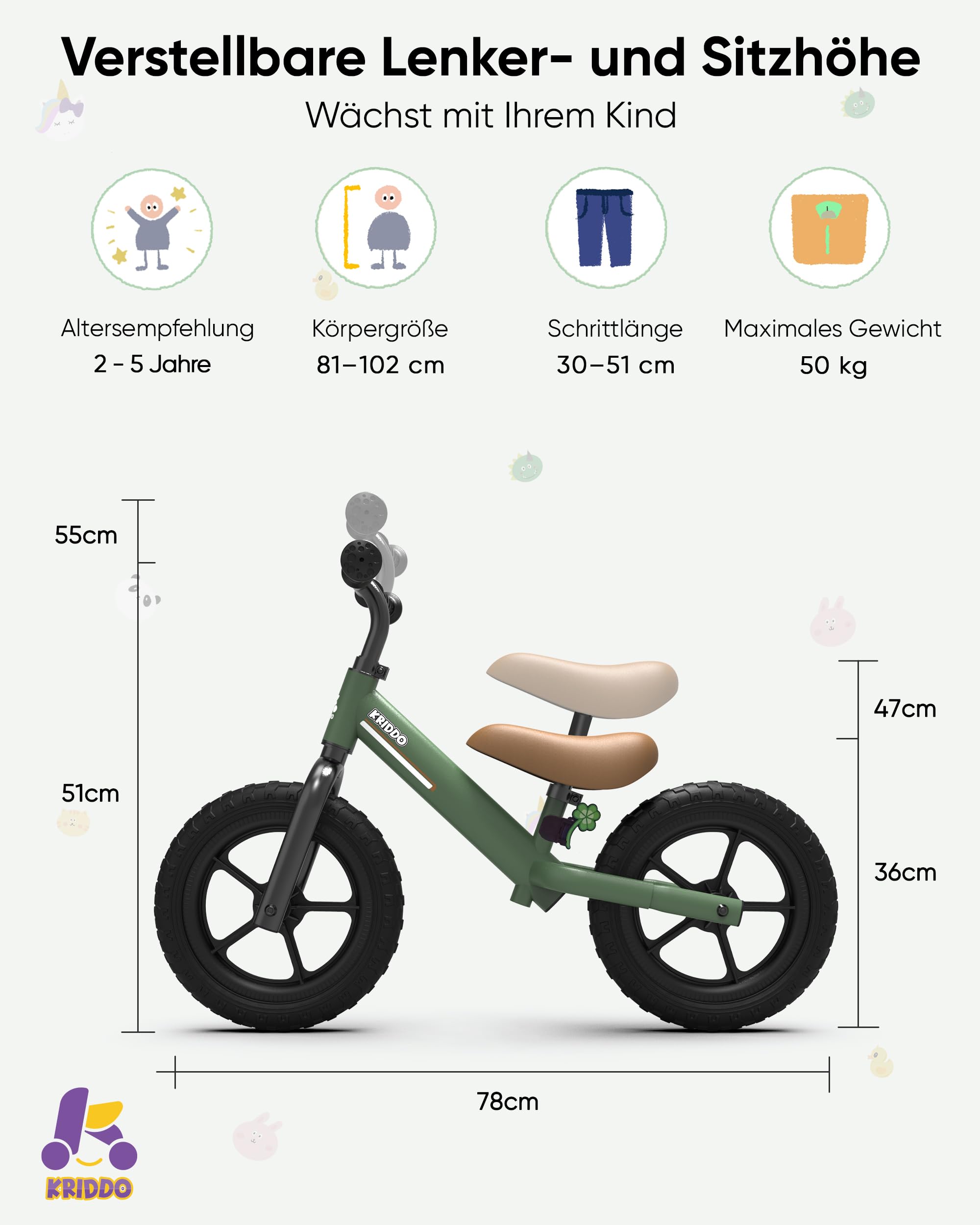 KRIDDO Laufrad ab 2 Jahren, Balancefahrrad für Kinder von 2-5 Jahren, Dual-Lager für sanftes Fahren, Verstellbarer Sitz und Lenker, Geschenk für Jungen und Mädchen