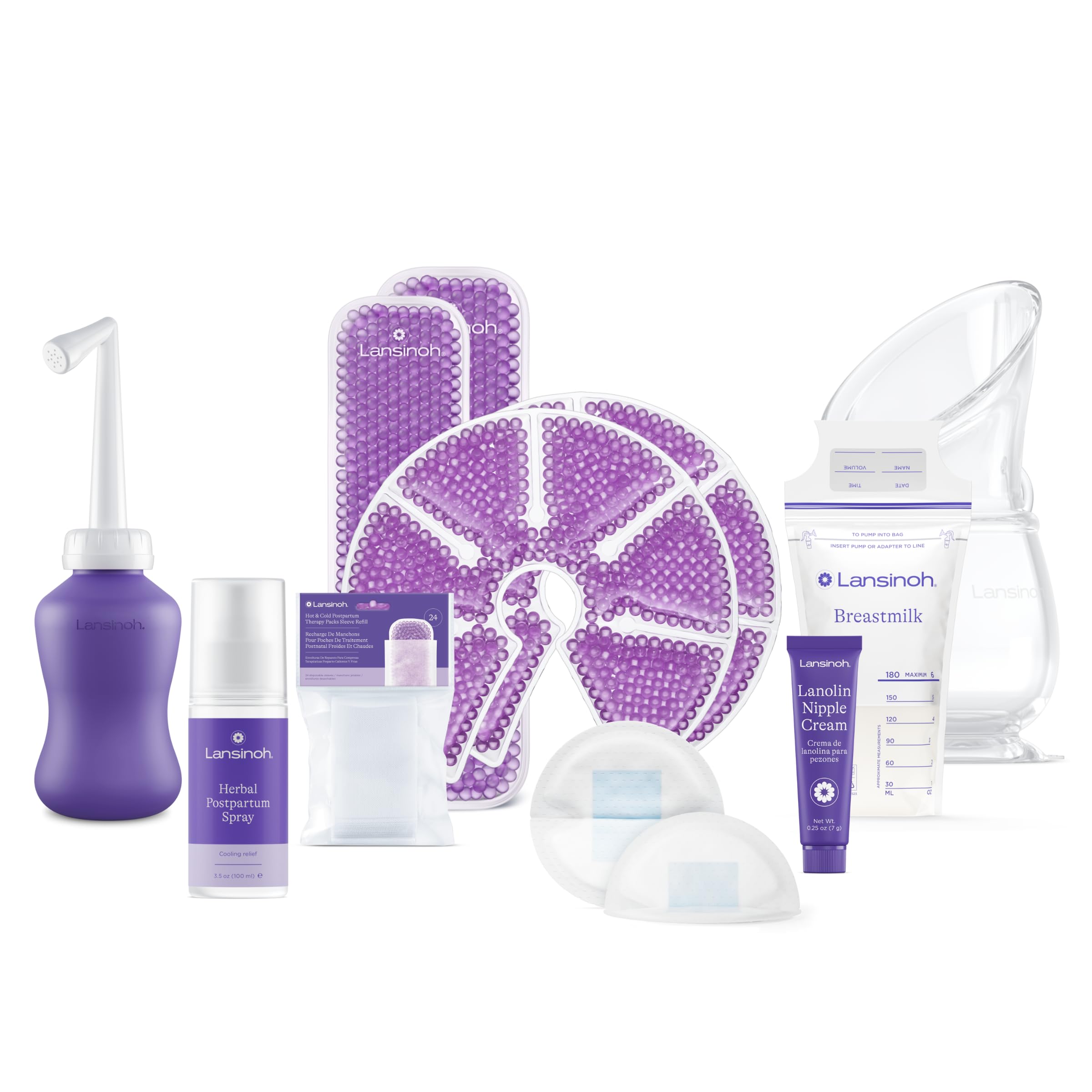Lansinoh Breastfeeding Essentials and Postpartum Recovery Bundle, Includes Nipple Cream, Nursing Pads, Silicone Breast Pump, Breastmilk Storage Bags, Peri Bottle, Hot & Cold Postpartum Packs, and More