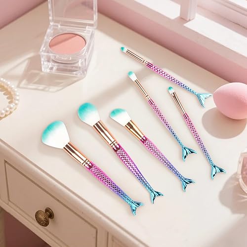 Miniatura 8 de Juego de 6 brochas de maquillaje de sirena, juego de brochas de maquillaje para niñas, herramientas de maquillaje de belleza, corrector de belleza
