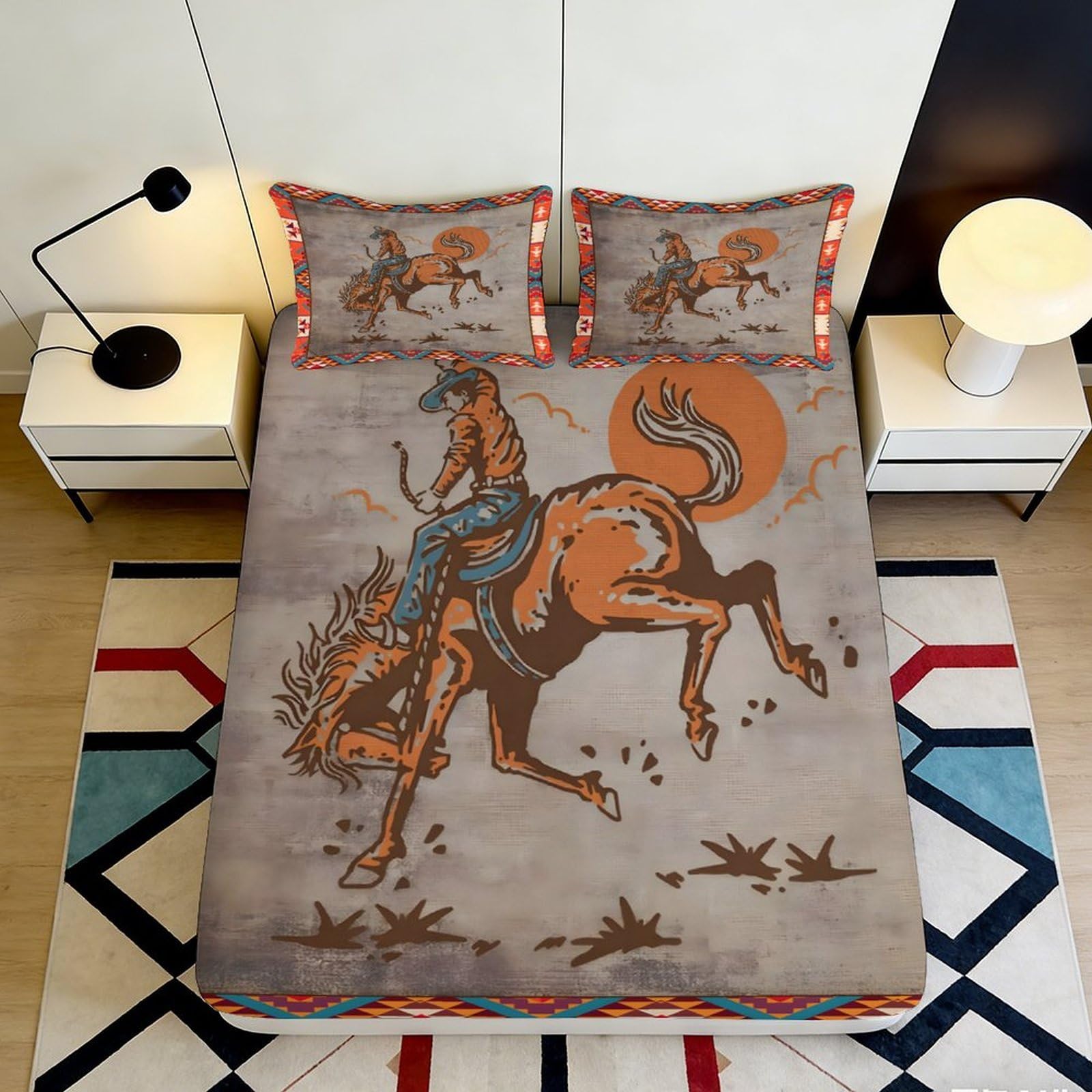 3D Printed Cowboy Horse Fitted Sheet Microfiber Soft Brown Western Rodeo Mattress Cover for Bedroom Guest Room Decor 90x200x25cm