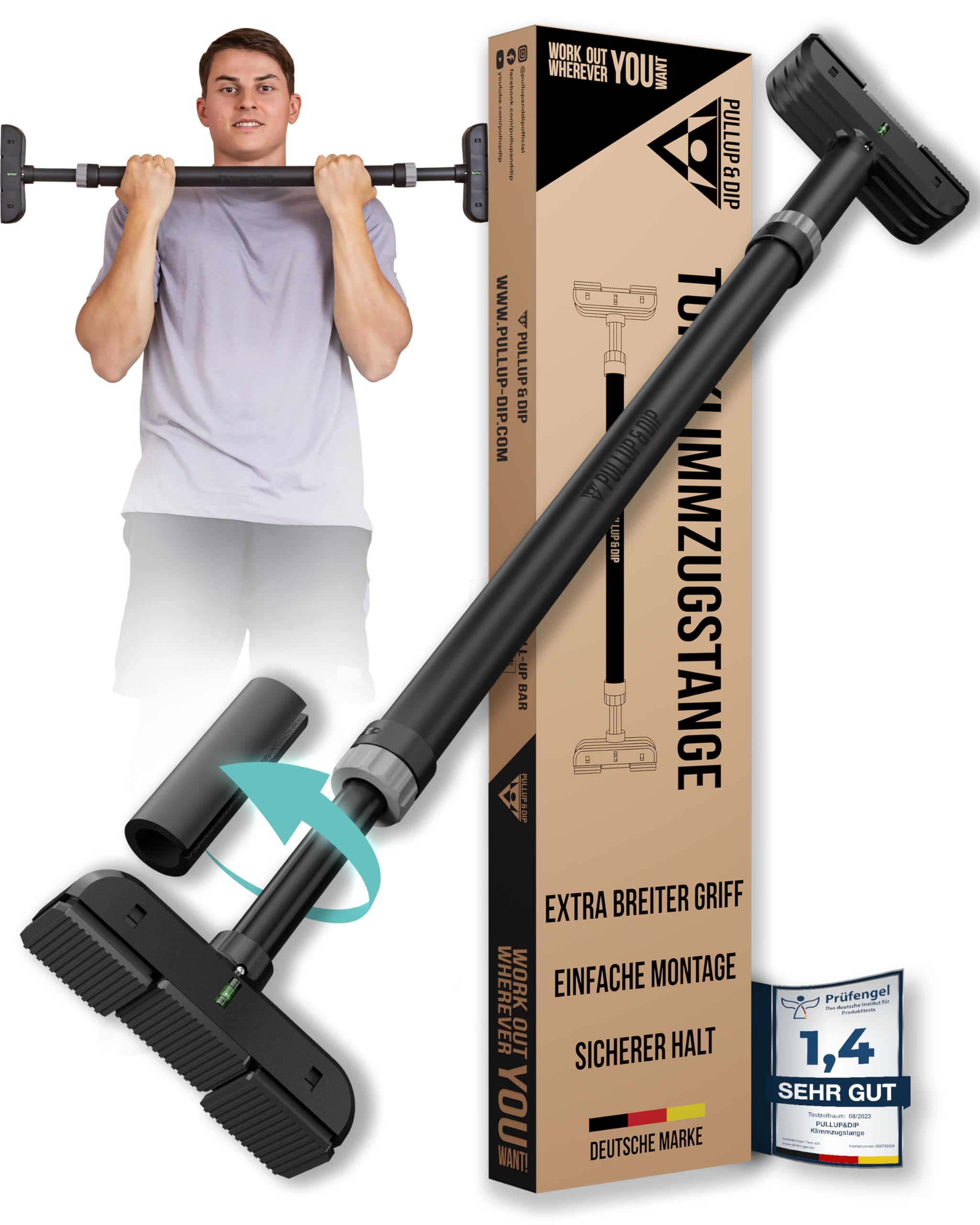 PULLUP & DIP - Pull-Up Bar Door Frame without Screws and Drilling Pull Up Bar Door Frame Extra Secure Telescopic Pull-Up Bar Door with up to 200 kg Load Capacity Non-Slip Pull Up Bar